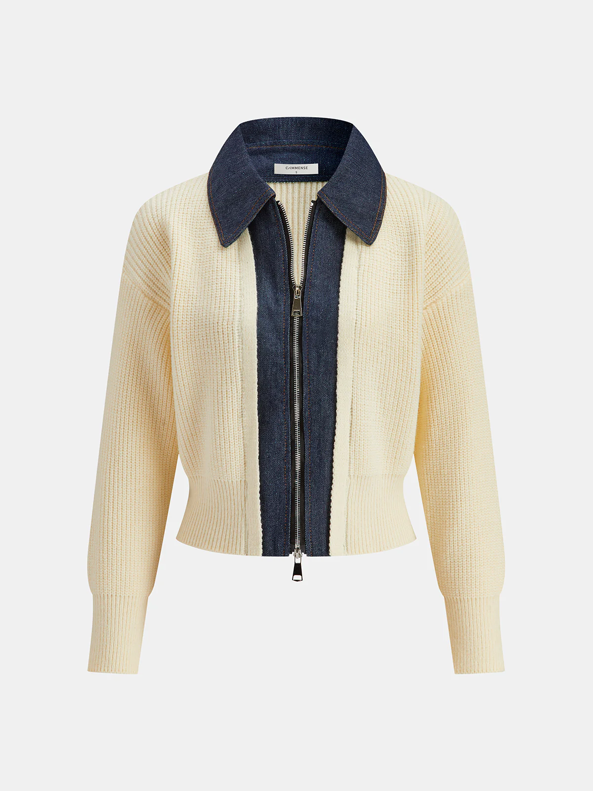 Denim Panel Zip Knitted Cardigan - Wholesalesil