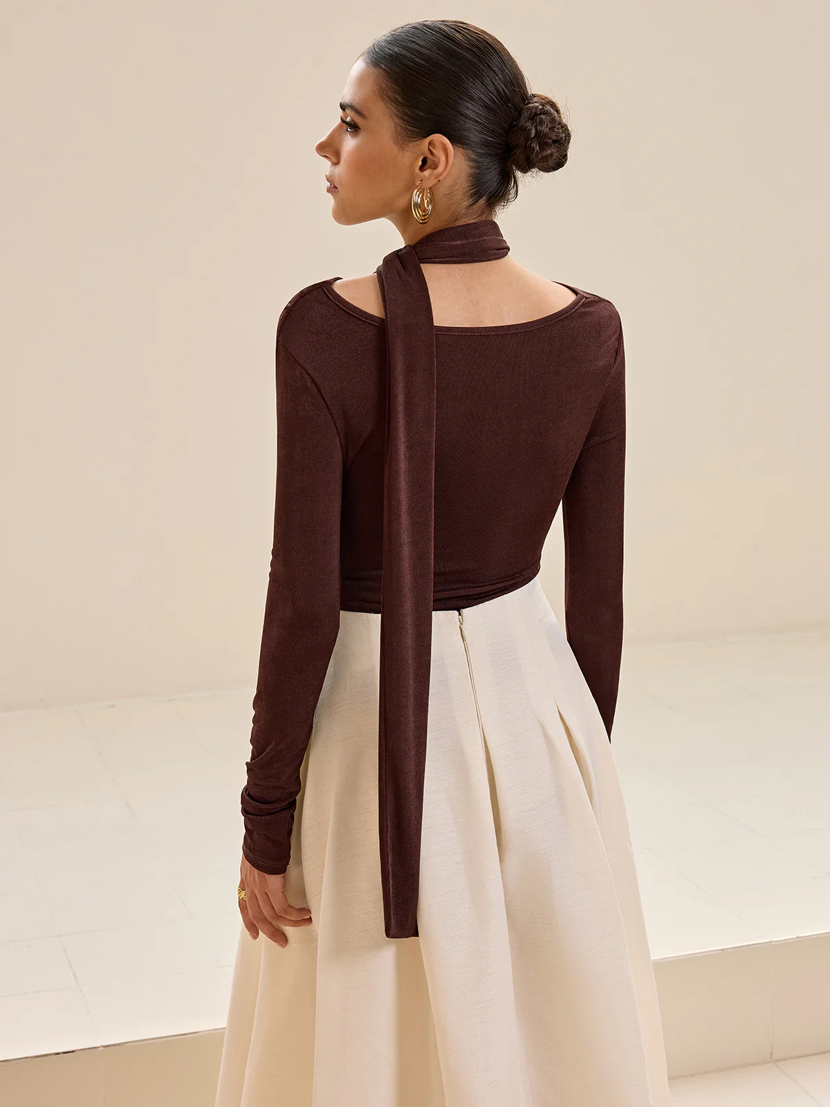 Asymmetric Neck Tie Detail Long-Sleeve T-Shirt - Wholesalesil