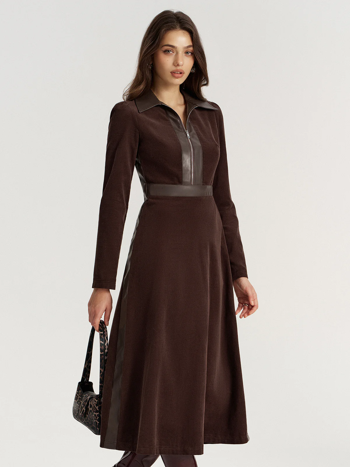 Faux Leather Panel Corduroy Midi Dress - Wholesalesil