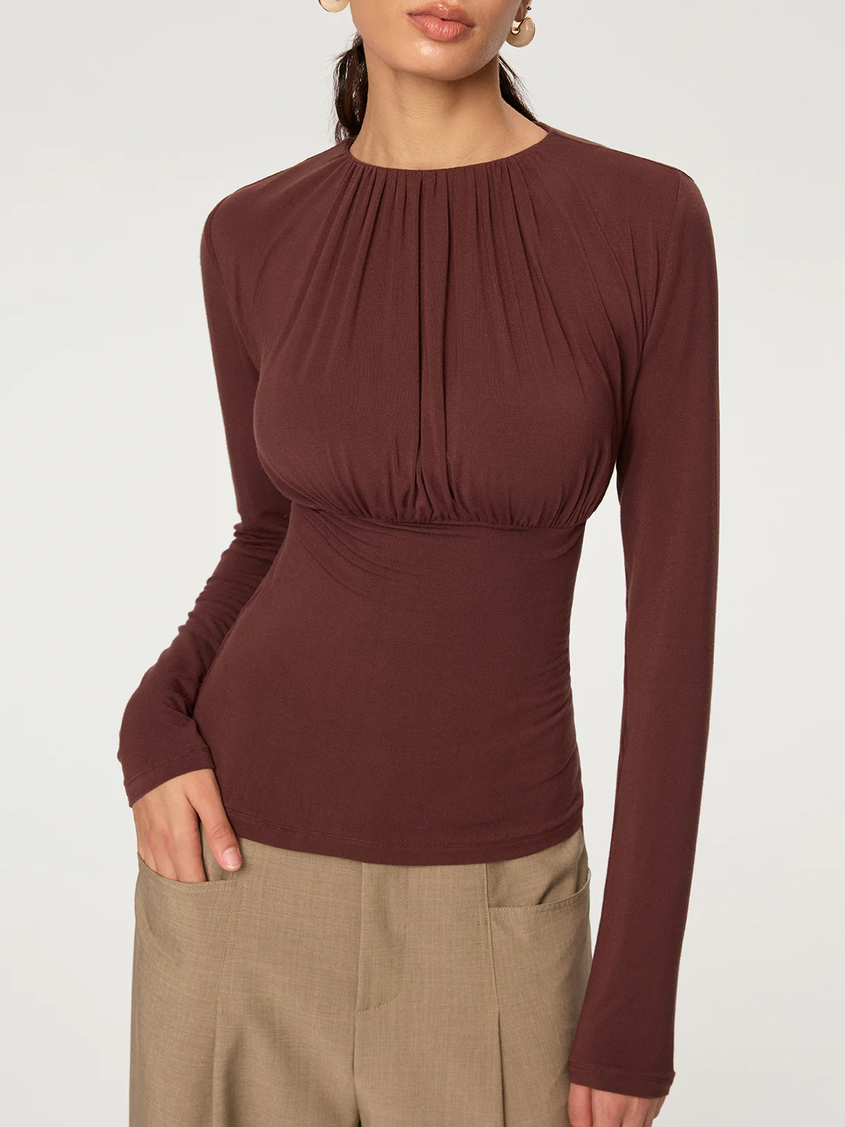 Ruched Long Sleeve Round Neck Knit Blouse - Wholesalesil