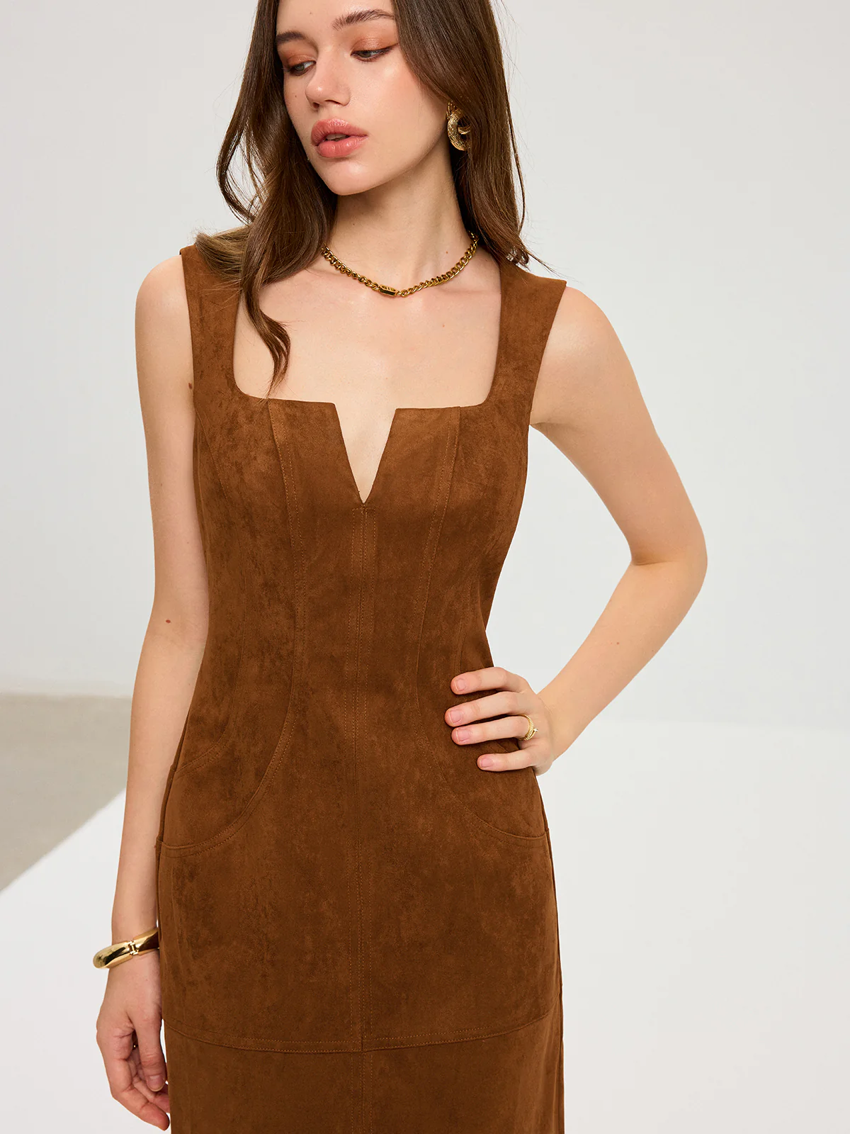 Suede Effect Low-Neck Sleeveless Maxi Dress - Wholesalesil