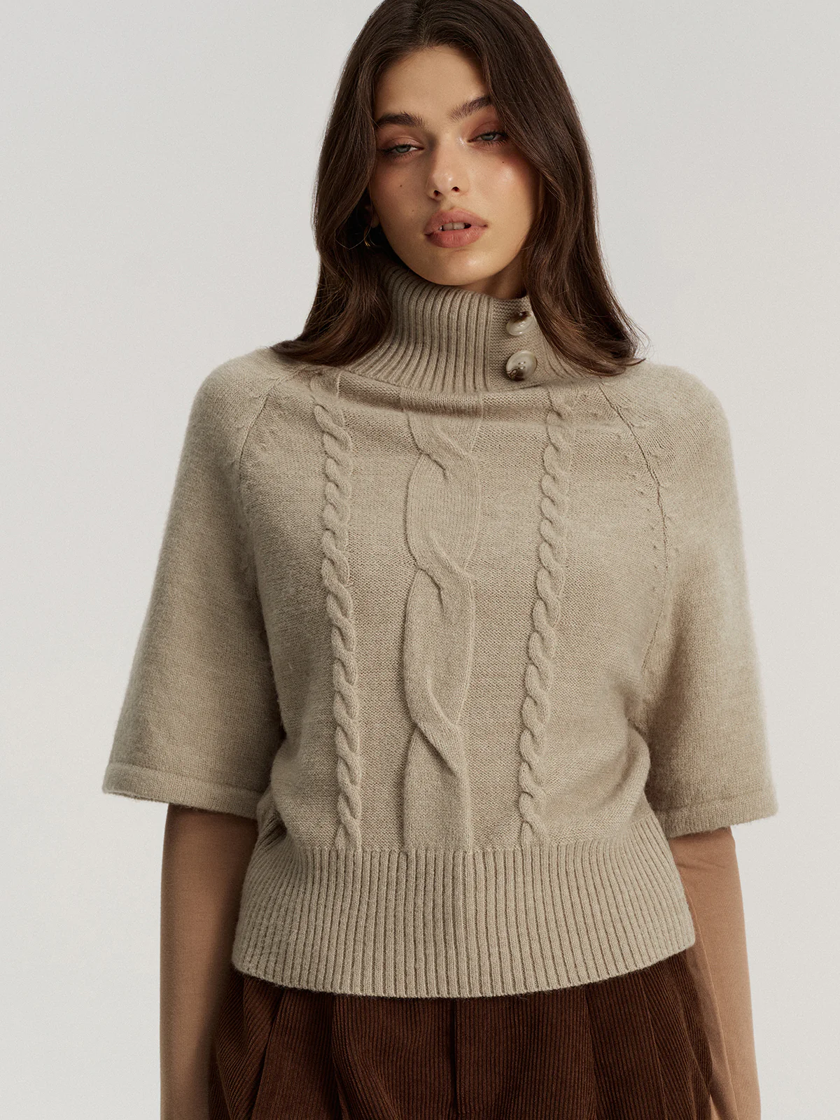 Turtleneck Cable Knit Short Sleeve Sweater without Belt - Wholesalesil