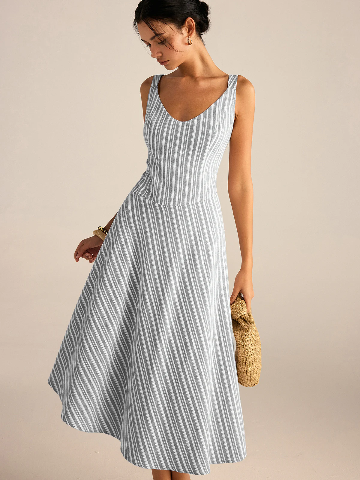 Striped Asymmetriccal Hem Midi Dress - Wholesalesil