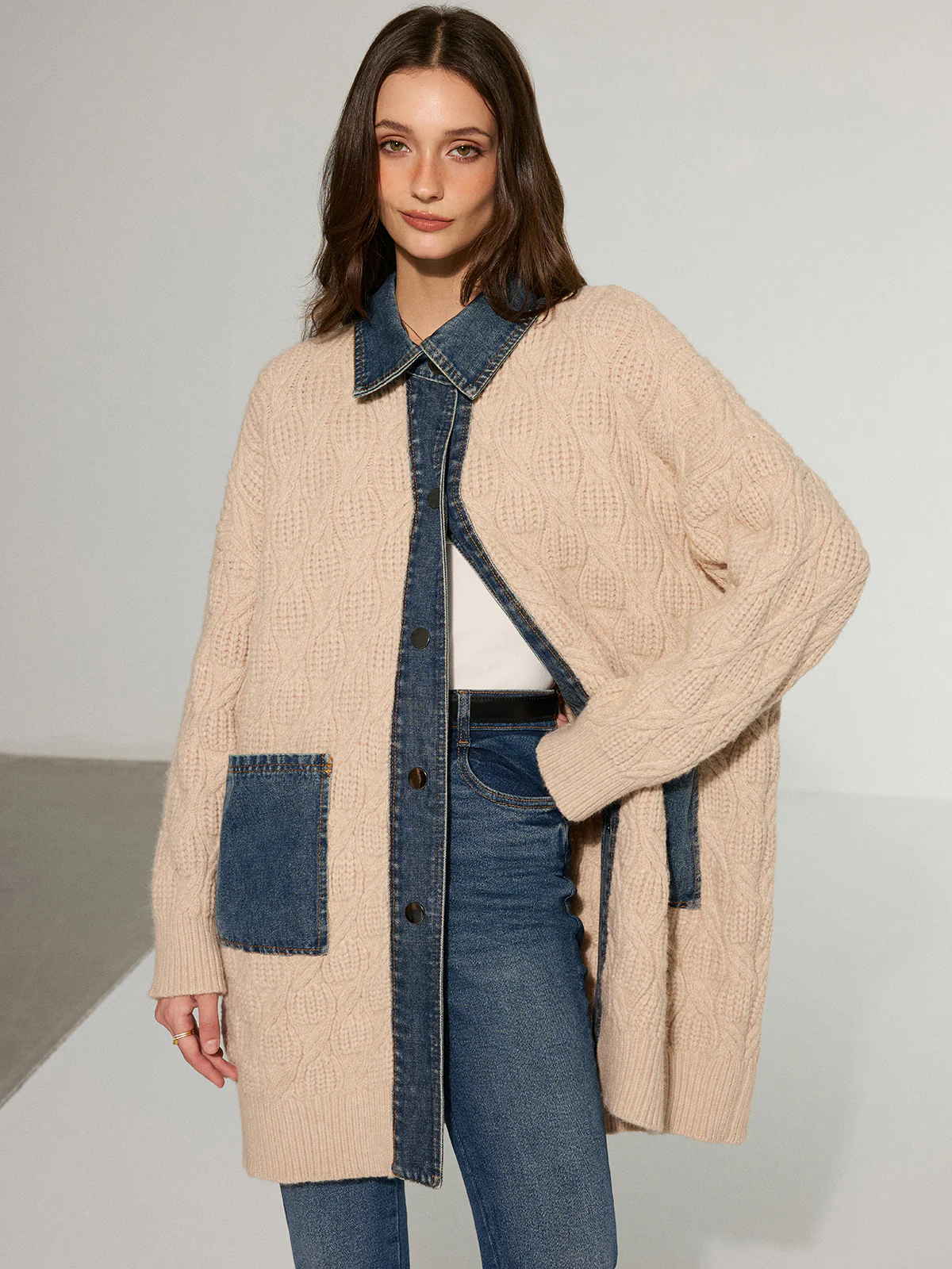Cable Knit Denim Paneled Longline Cardigan - Wholesalesil