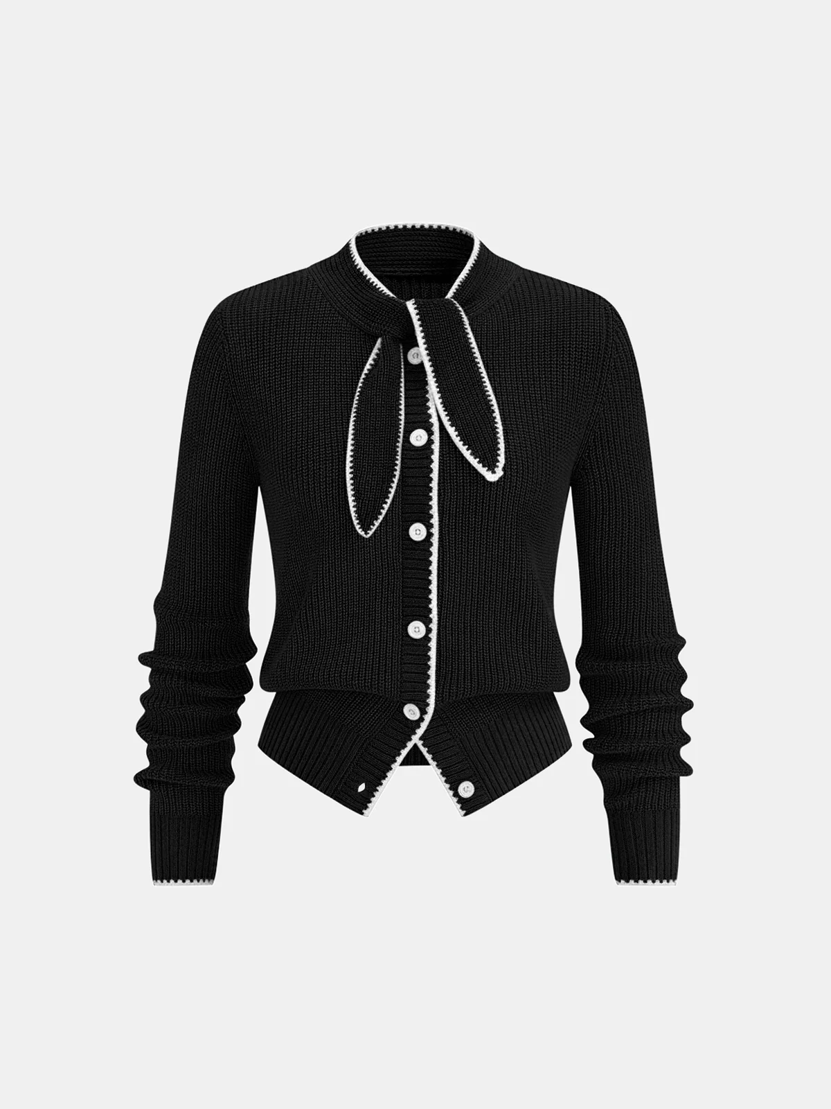 Tie Neck Contrast Trim Wool Blend Cardigan - Wholesalesil