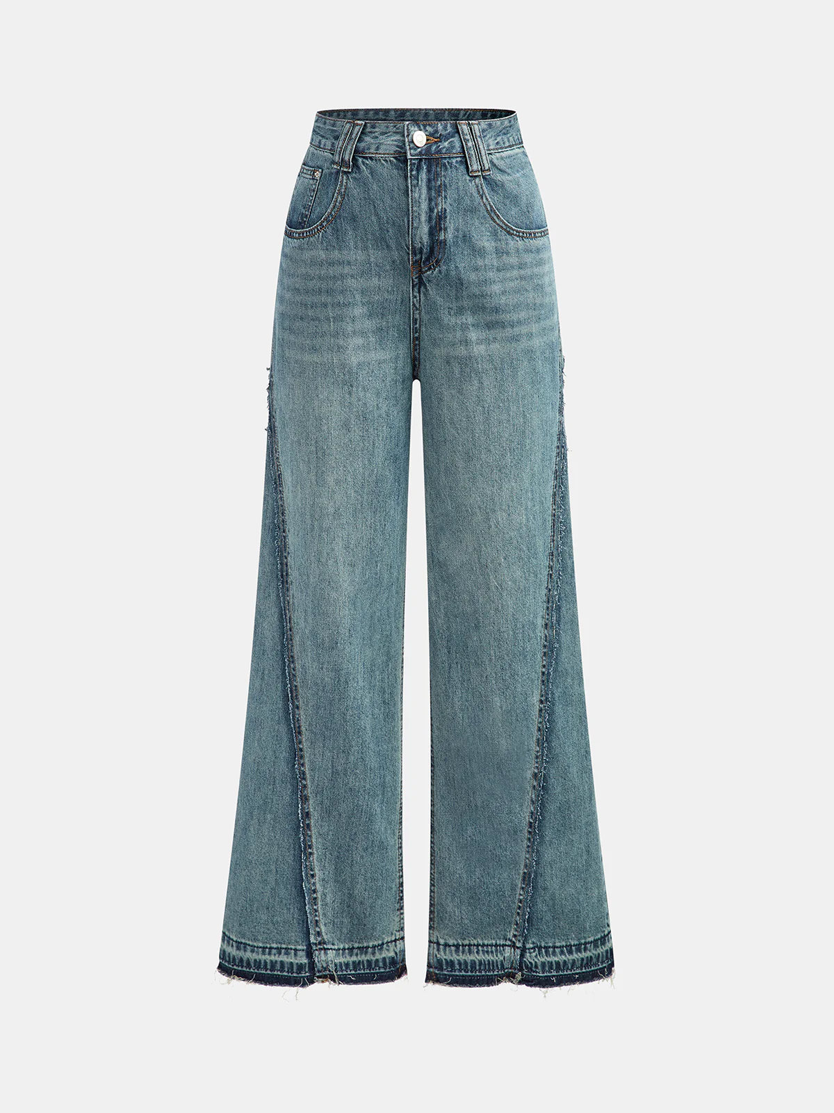 Frayed Hem Paneled Design High-Waisted Jeans - Wholesalesil