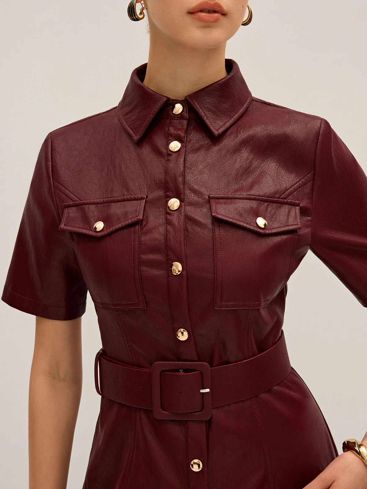 Shirt Collar Belted PU Leather Mini Dress - Wholesalesil
