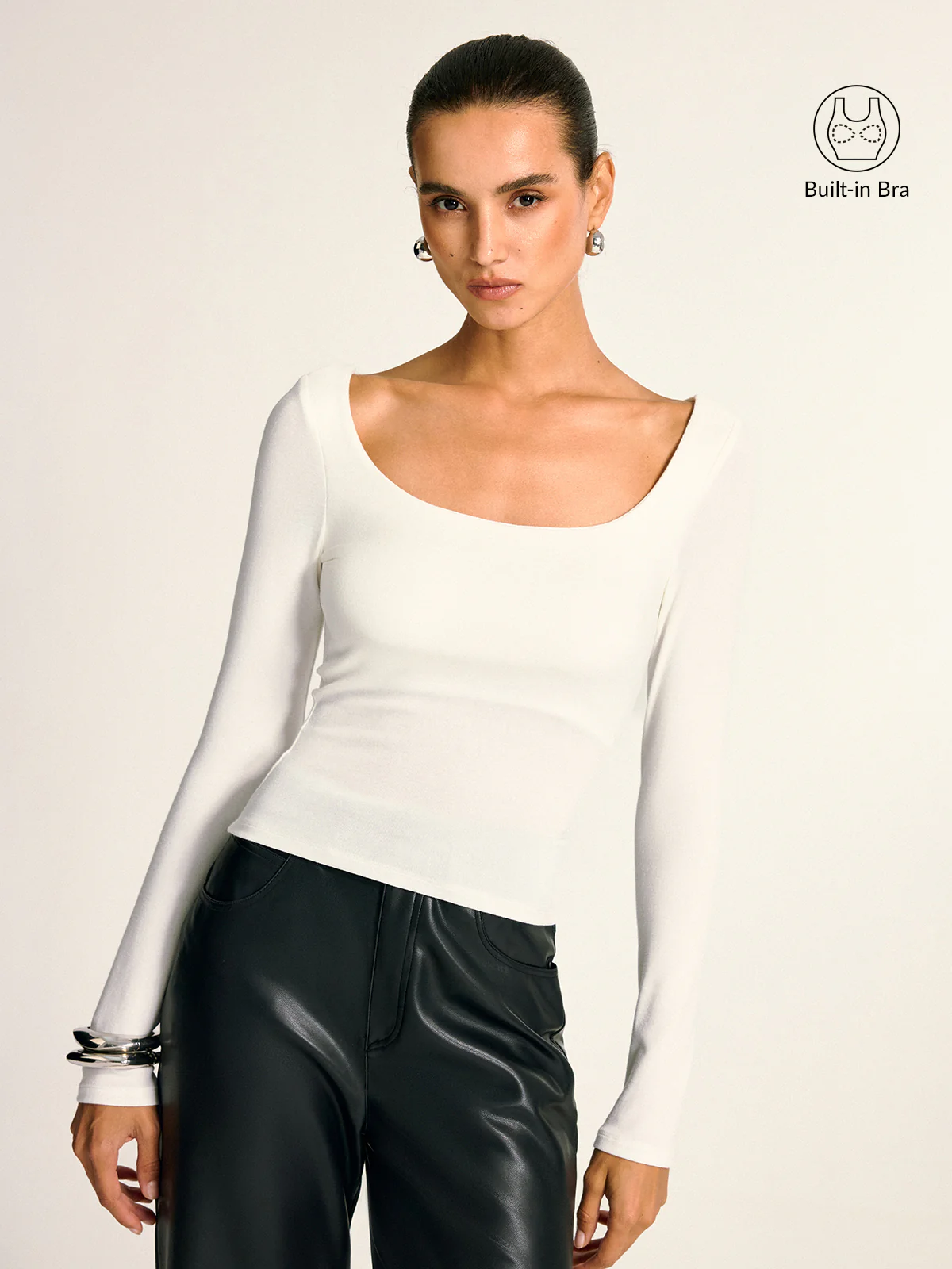 Bra-Free Slim Fit Low Neck Long Sleeve Top - Wholesalesil