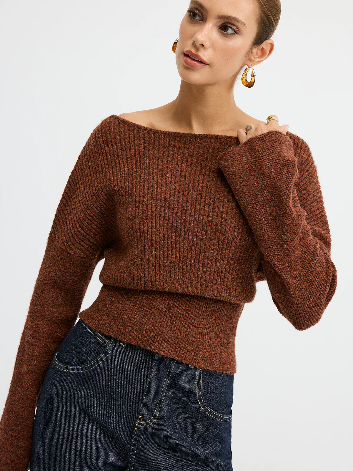 Wool Blend Off-Shoulder Sweater - Wholesalesil