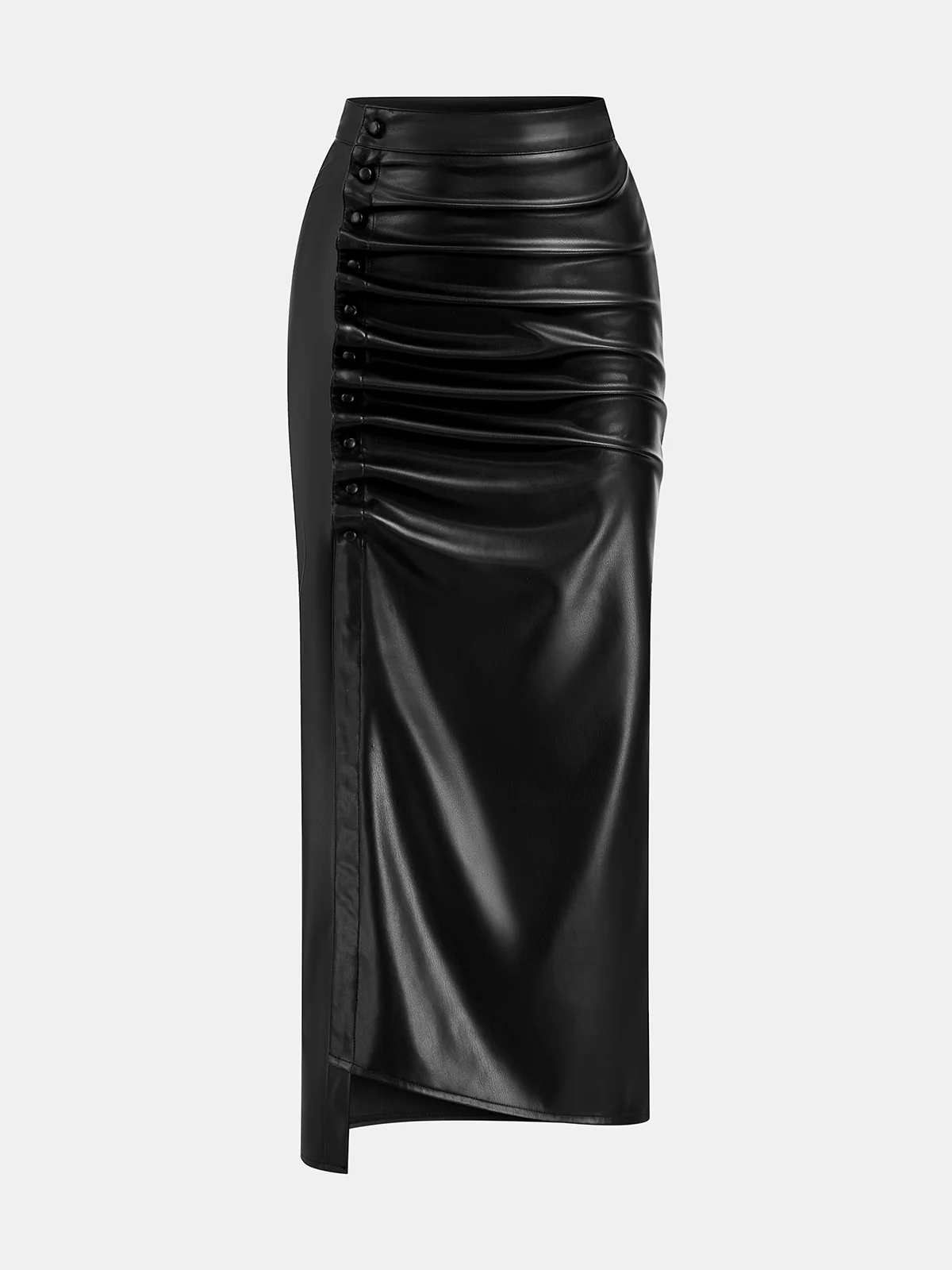 Asymmetric Ruched Faux Leather Midi Skirt - Wholesalesil