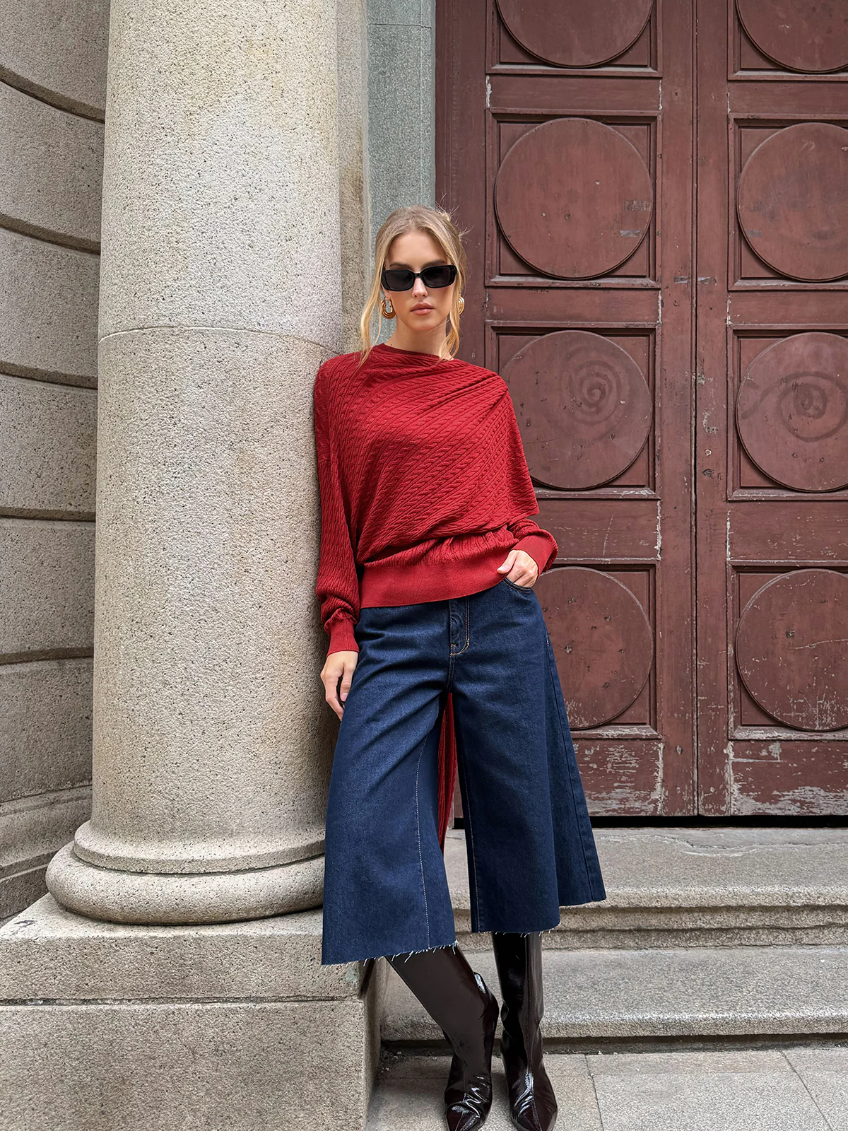 Wool Blend Cable Knit Draped Asymmetric Sweater - Wholesalesil