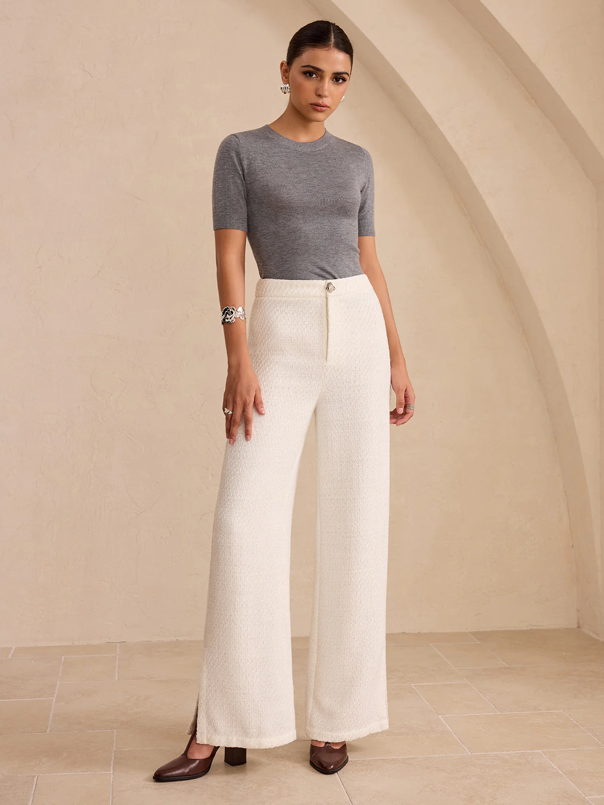 Tweed Side Slit Wide-Leg Pants - Wholesalesil