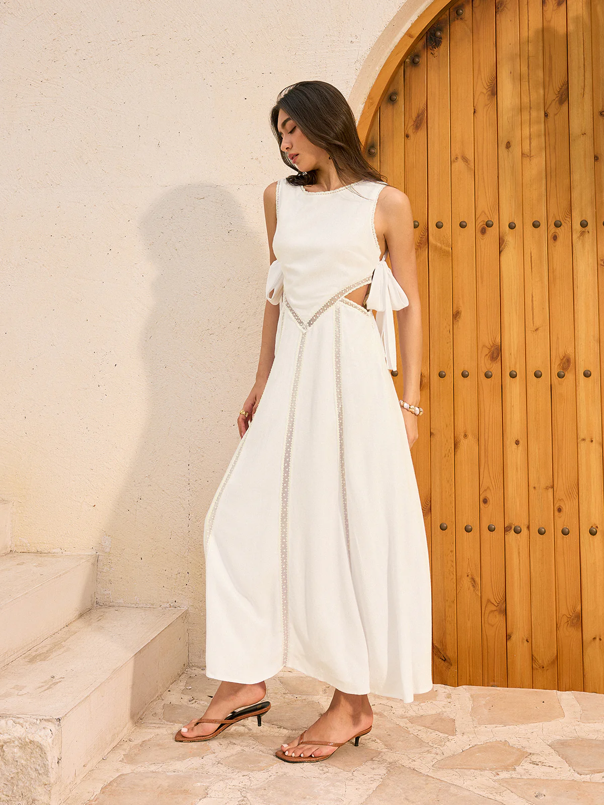 Linen & Cotton Cut-Out Tie-Back Maxi Dress - Wholesalesil