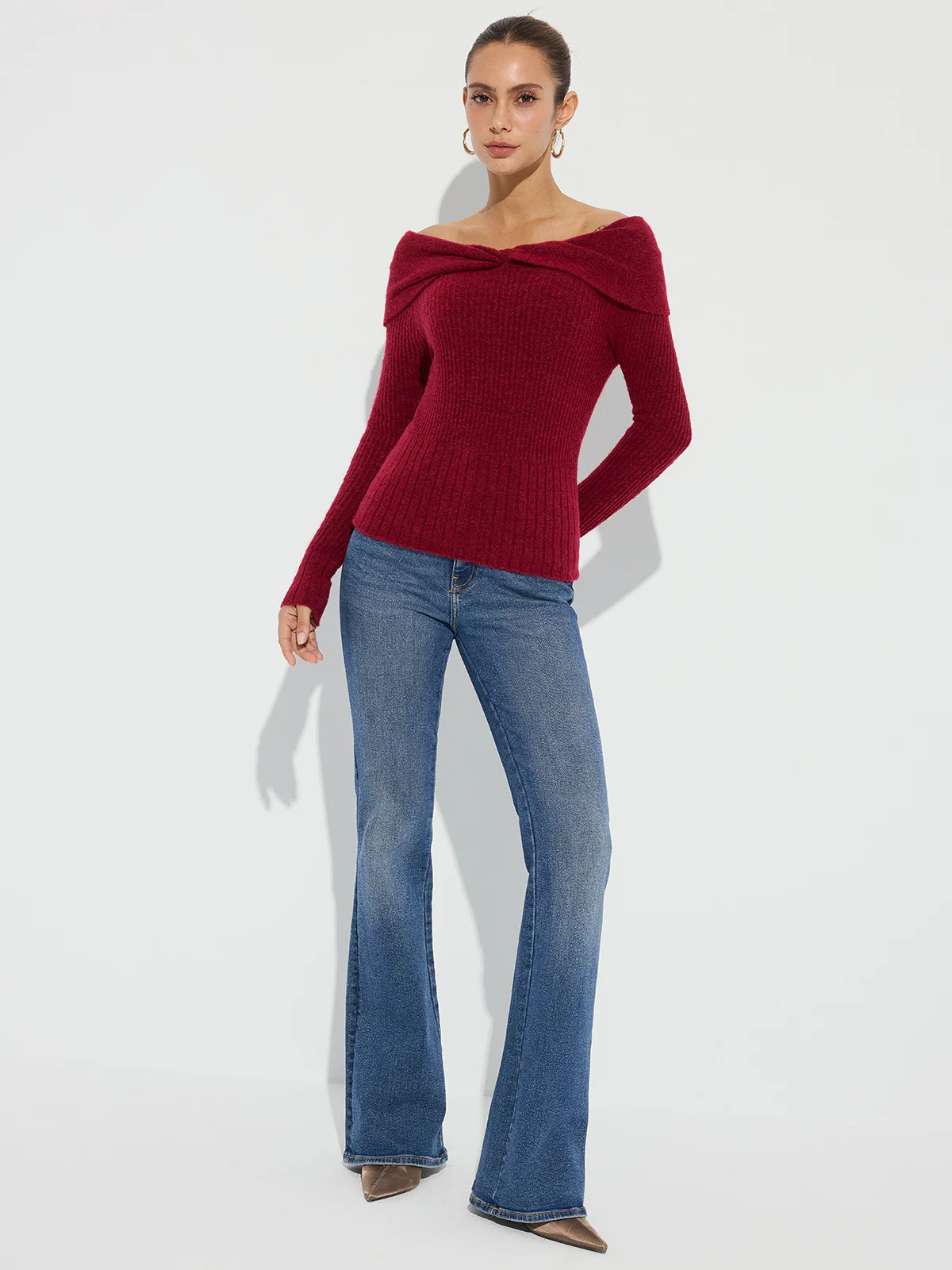 Wool Blend Twisted Off-Shoulder Knit Sweater - Wholesalesil