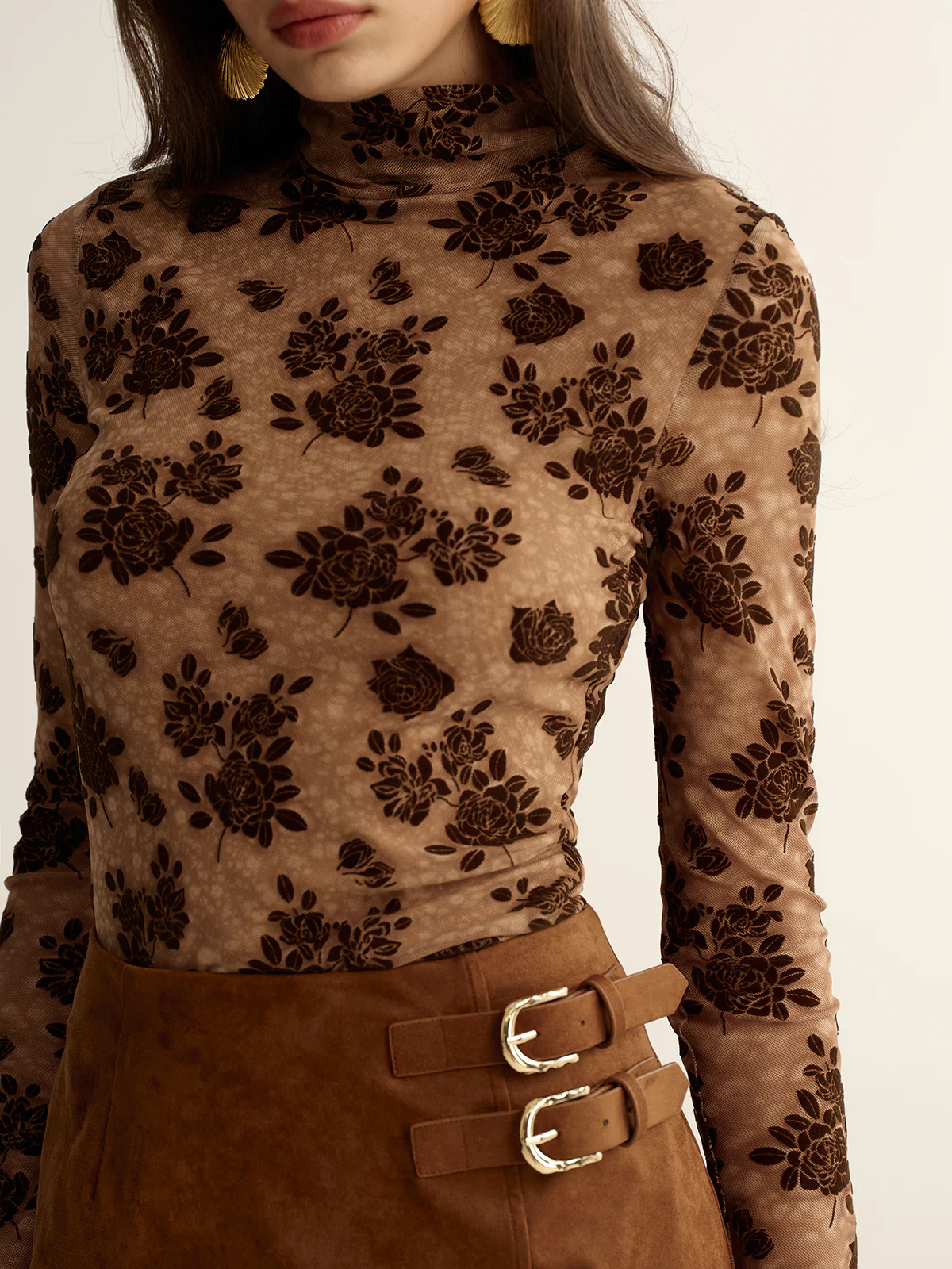 Floral Mesh Mock Neck Long Sleeve Top - Wholesalesil