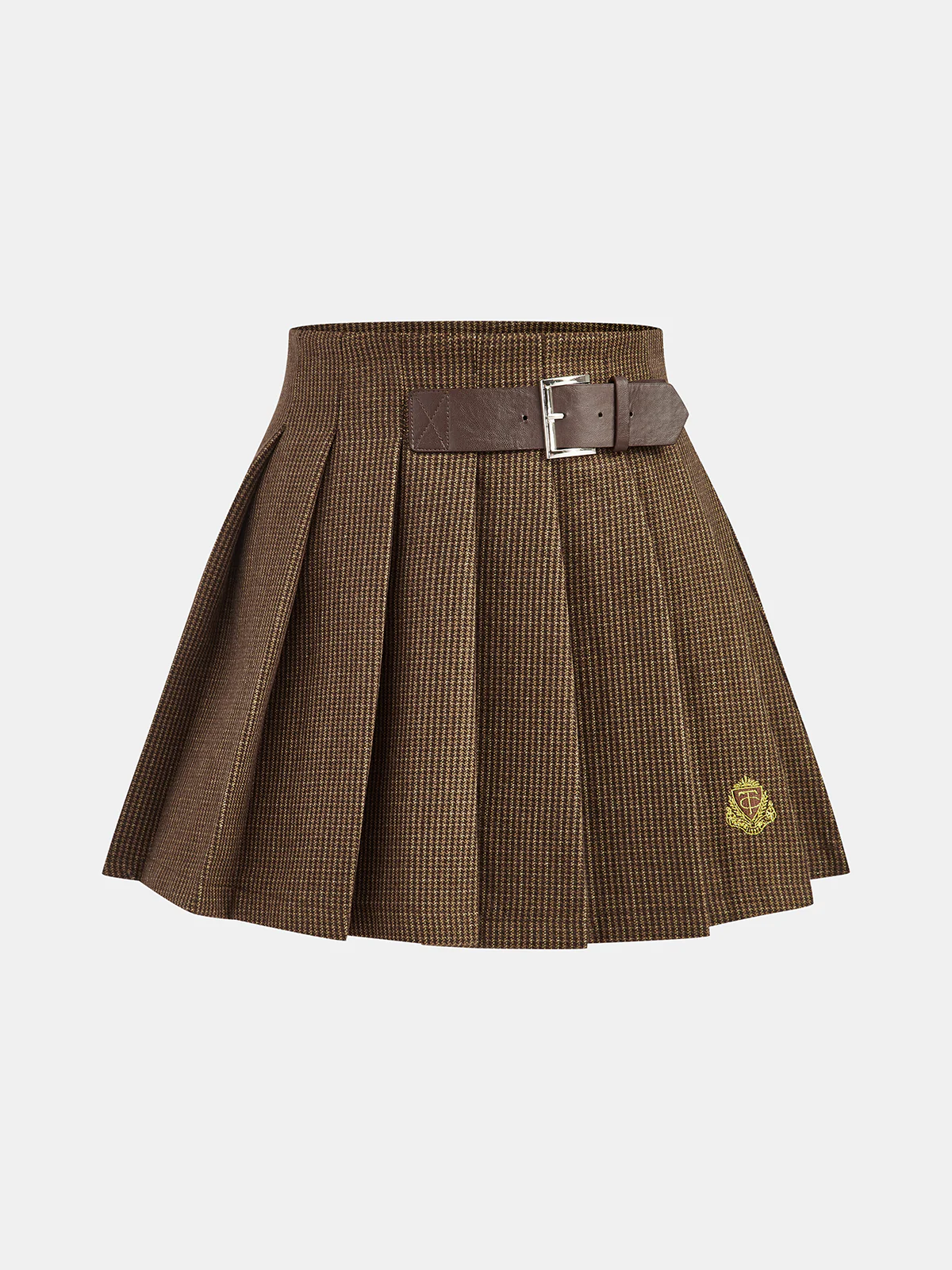 Belt-Decor Houndstooth Pleated Mini Skirt - Wholesalesil