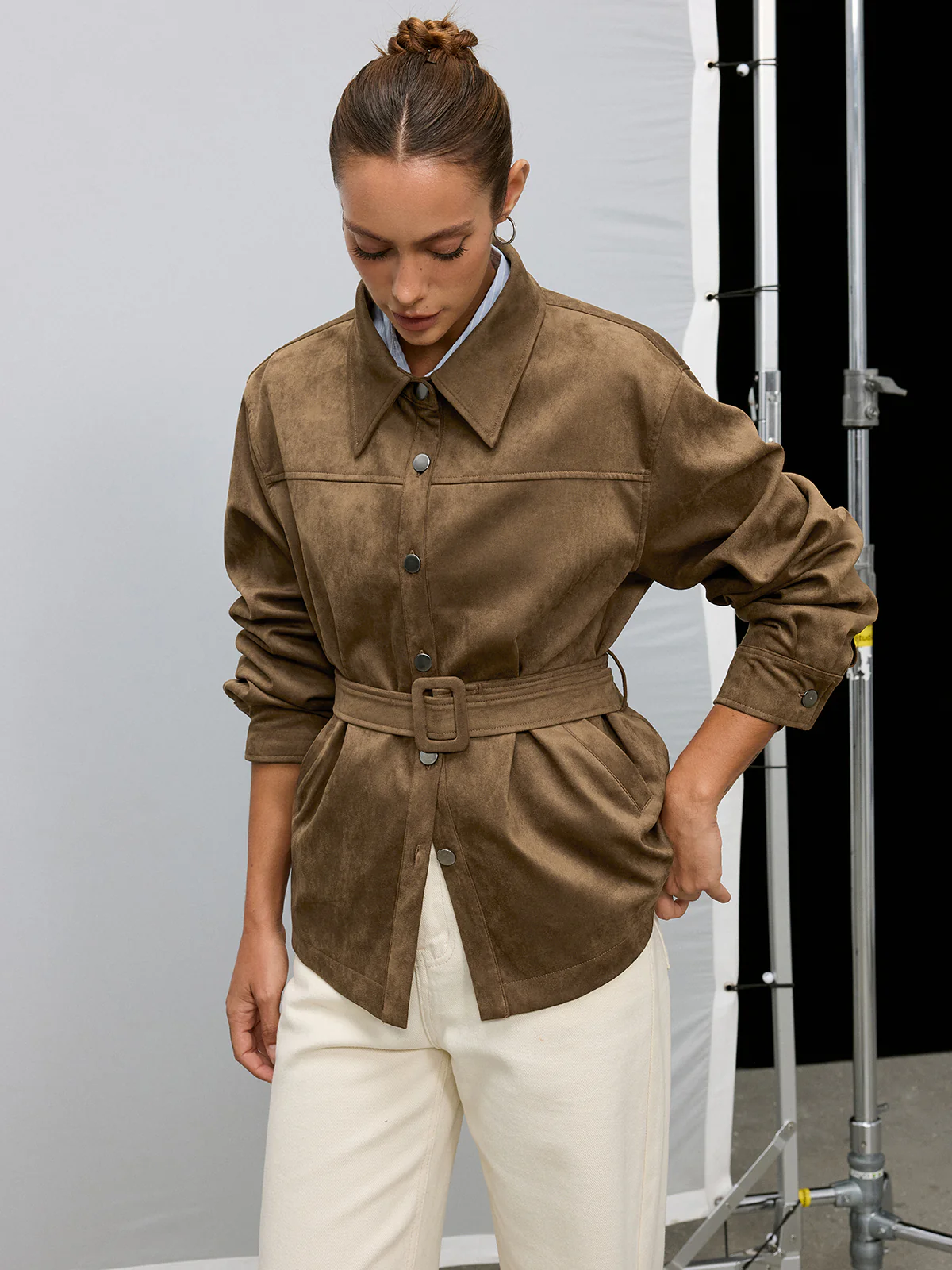 Belted Collared Suede Effect Jacket - Wholesalesil