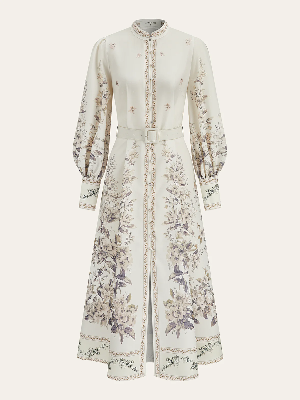 Floral Print Stand Collar Belted Midi Dress - Wholesalesil