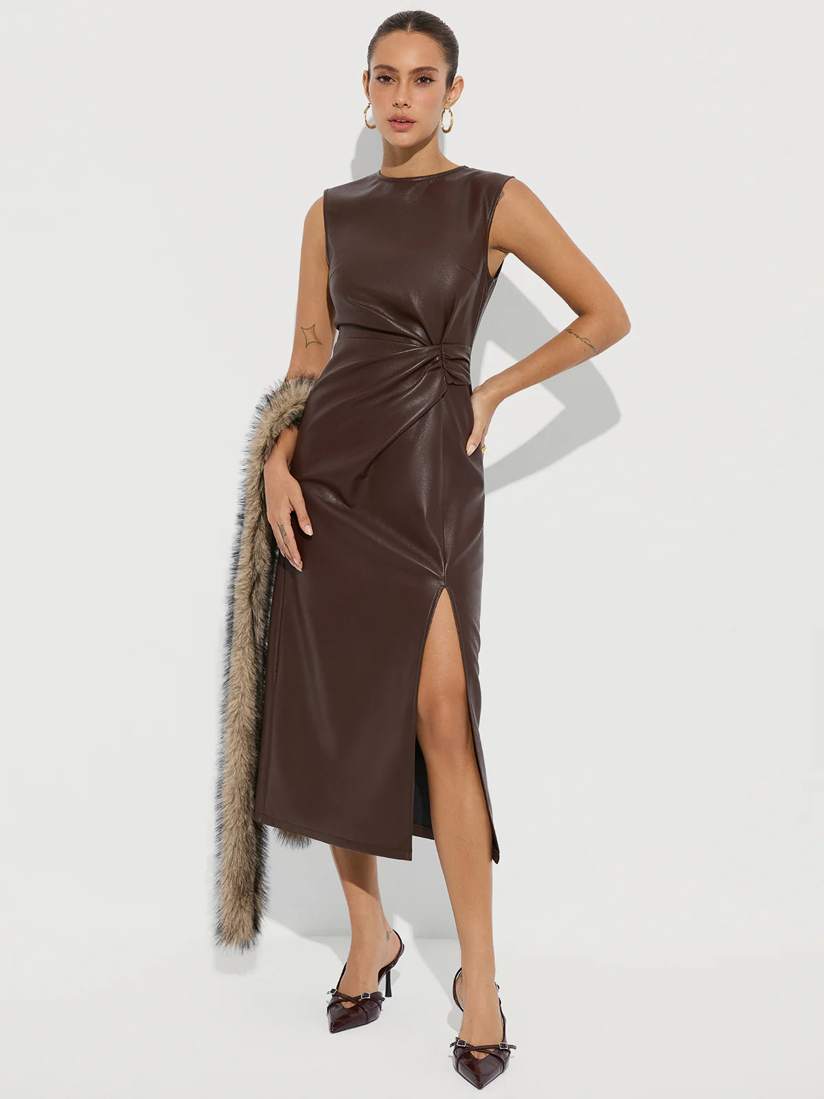 Twisted Faux Leather Sleeveless Slit Midi Dress - Wholesalesil