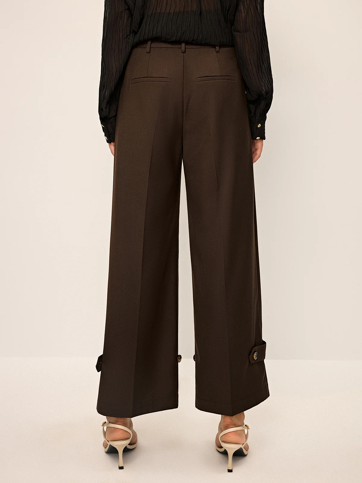 Pleated Wide-Leg Pants with Ankle Button Detail - Wholesalesil