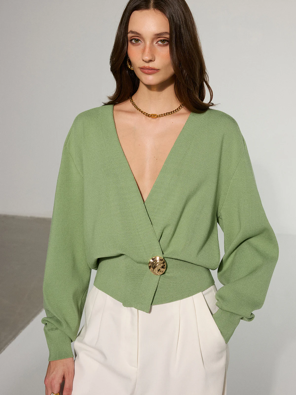 Metal Decor Waisted Knitted Wrap Cardigan - Wholesalesil