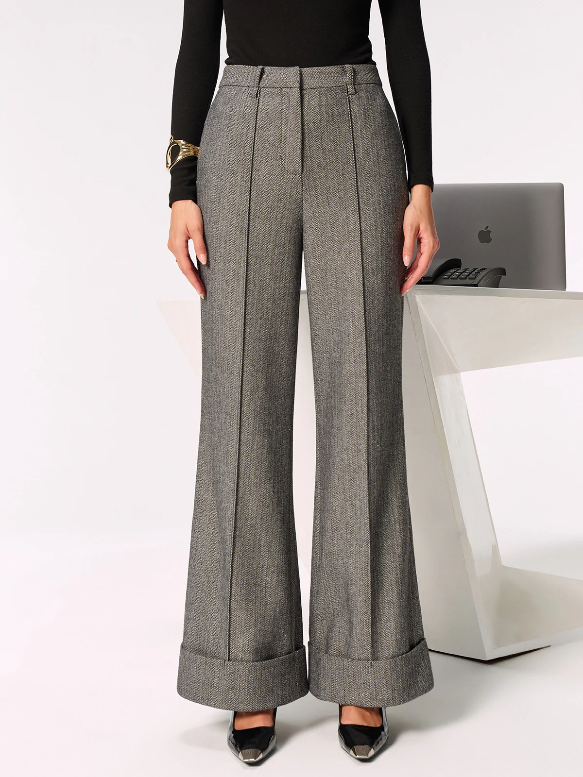 Mid-Waist Cuffed Wide-Leg Pants - Wholesalesil