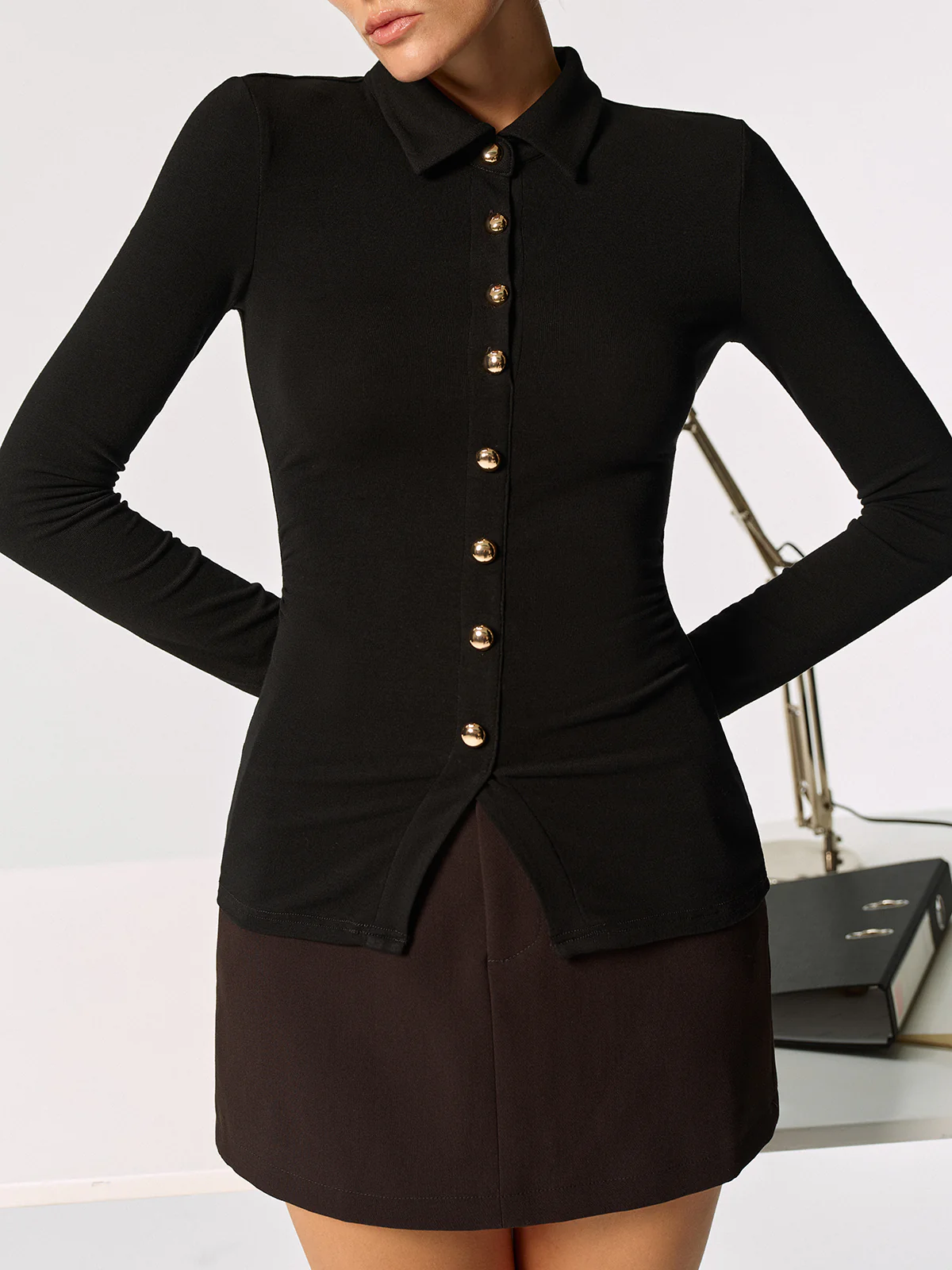 Metal Button Long Sleeve Polo Collar Blouse - Wholesalesil
