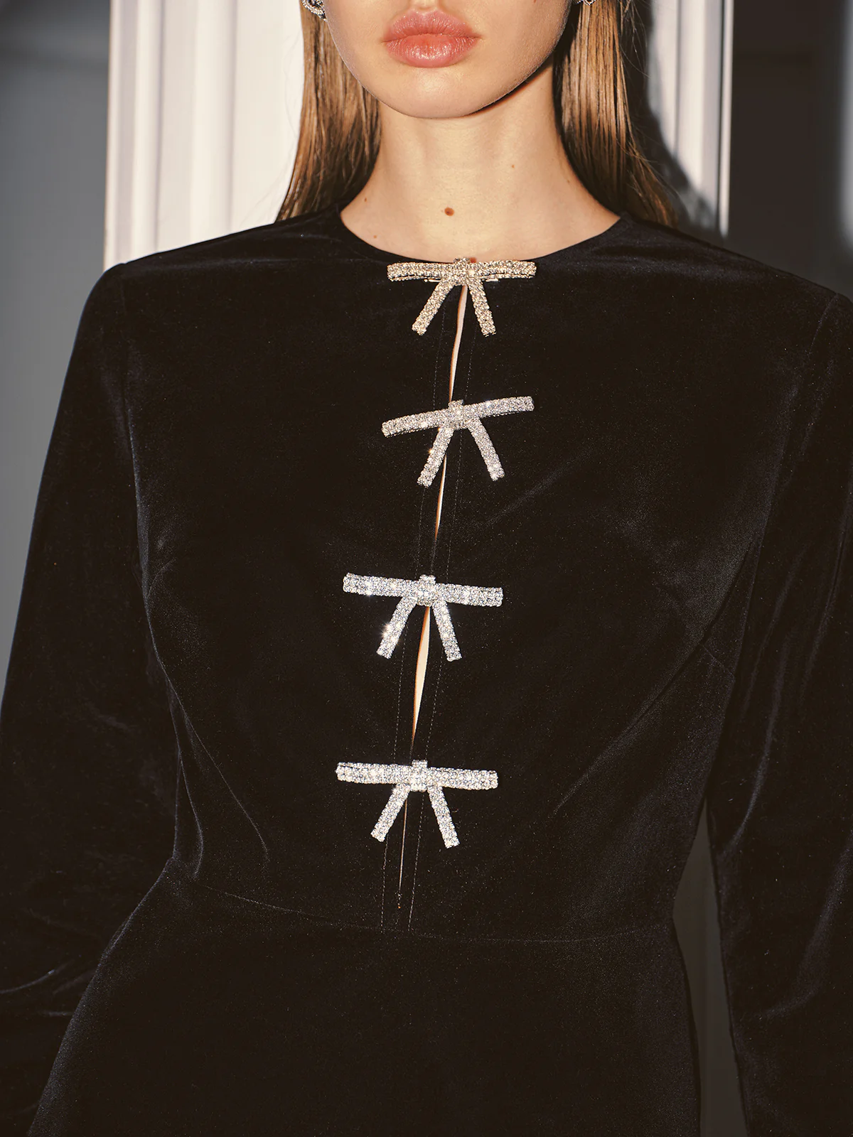 Crystal Bow Detail Velvet Mini Dress - Wholesalesil