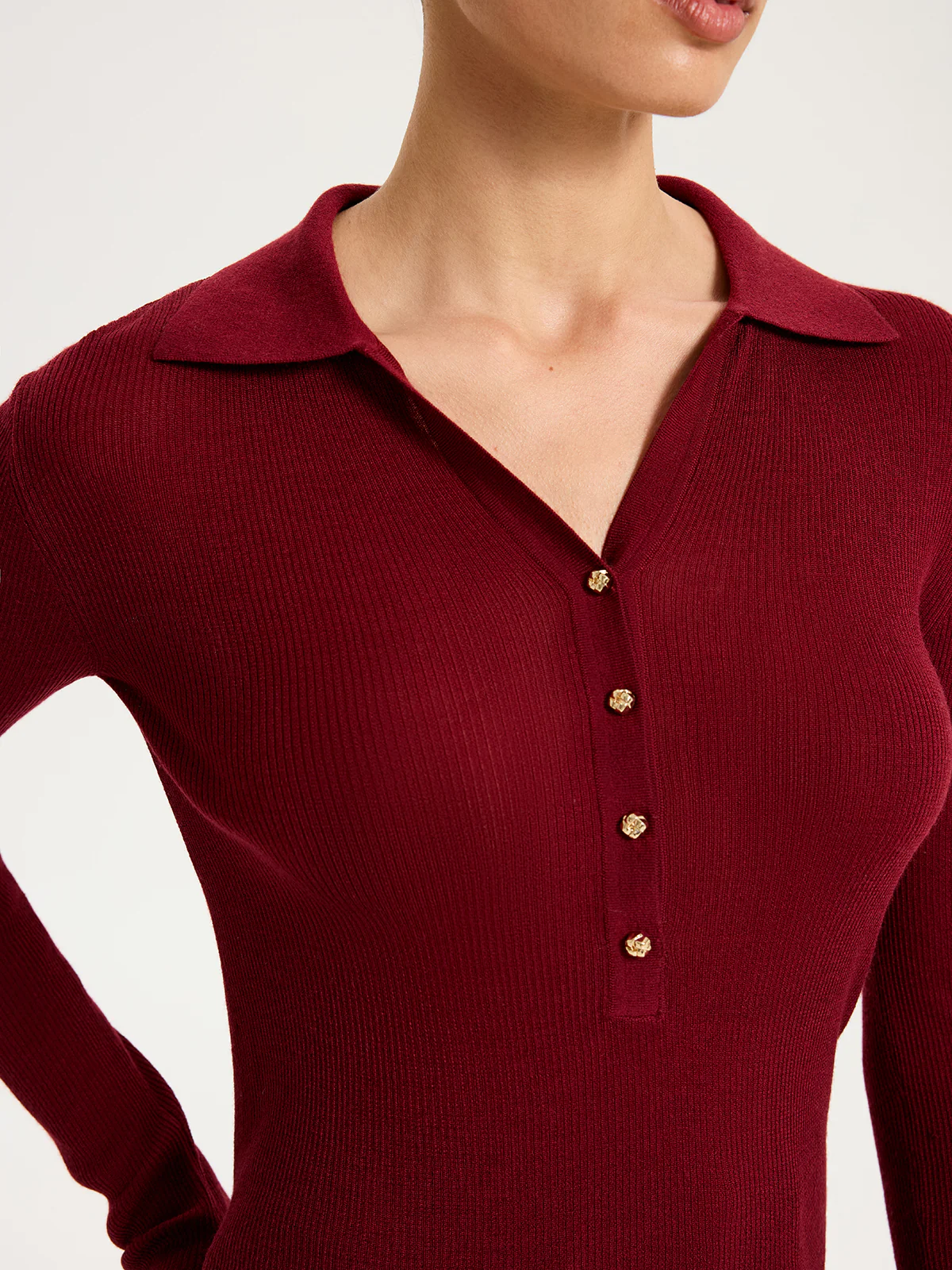 Wool-Blend Buttoned Long Sleeve Polo Knit Top - Wholesalesil