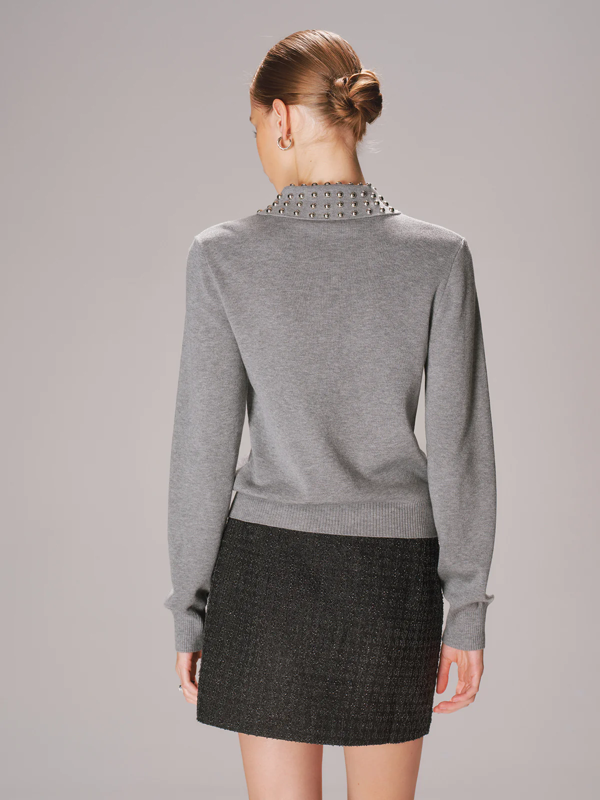 Studded Collar Wool-Blend Knit Polo Sweater - Wholesalesil
