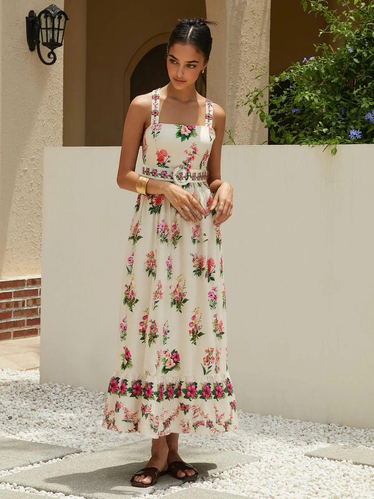 Floral Print Belted Midi Dress - Wholesalesil