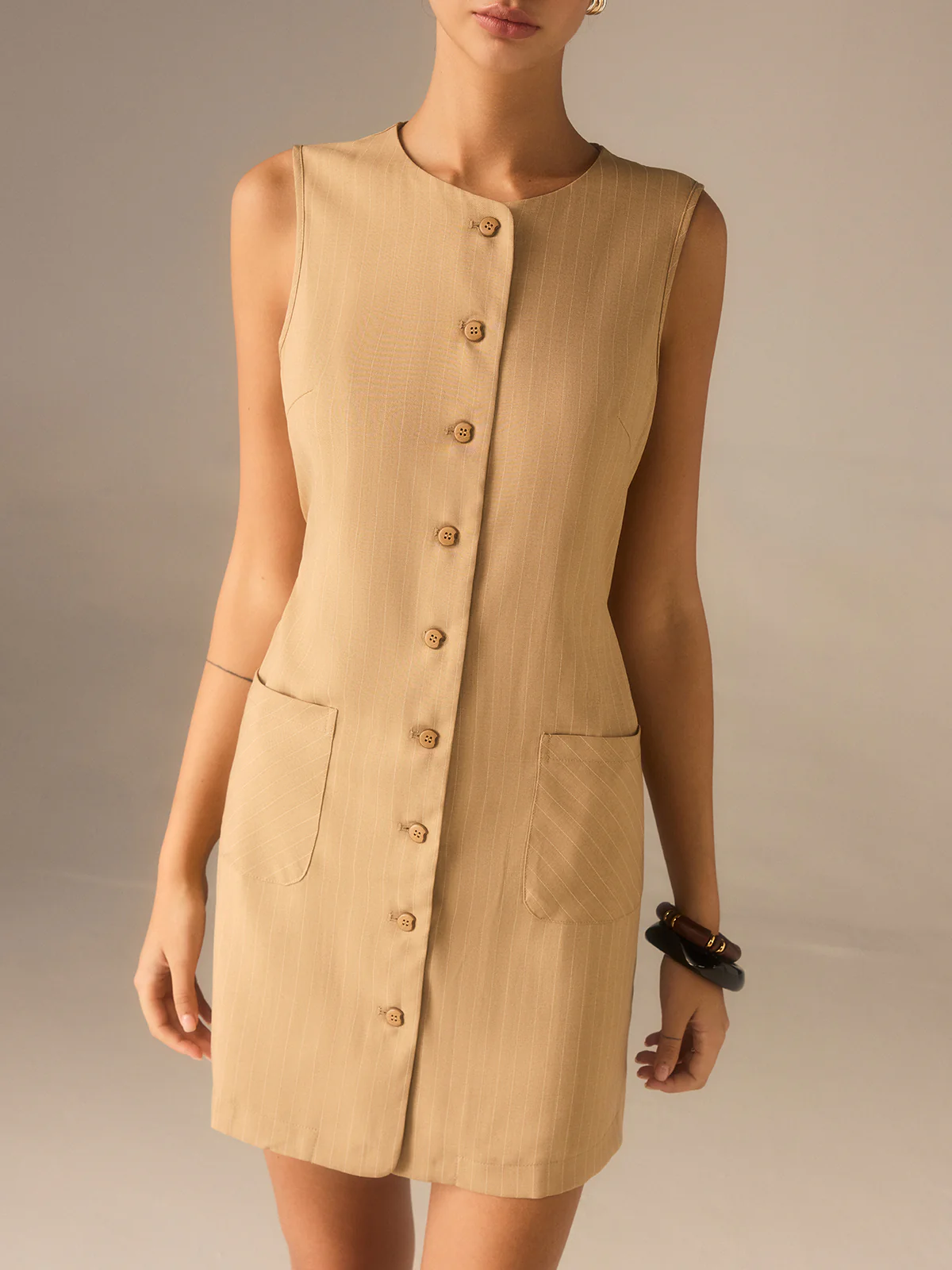 Cotton Blend Buttoned Dress with Pockets and Ties - Wholesalesil