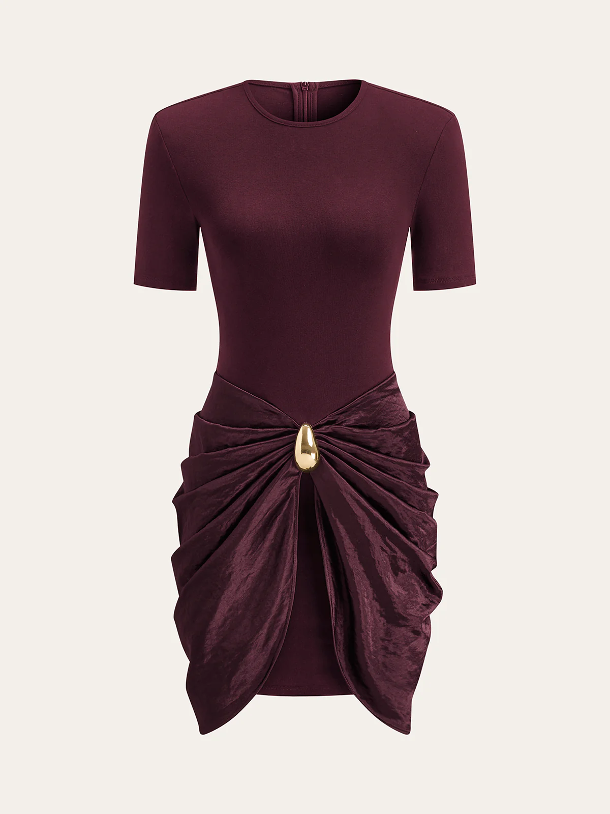 Short Sleeve Ruched Metal Buckle Dress - Wholesalesil