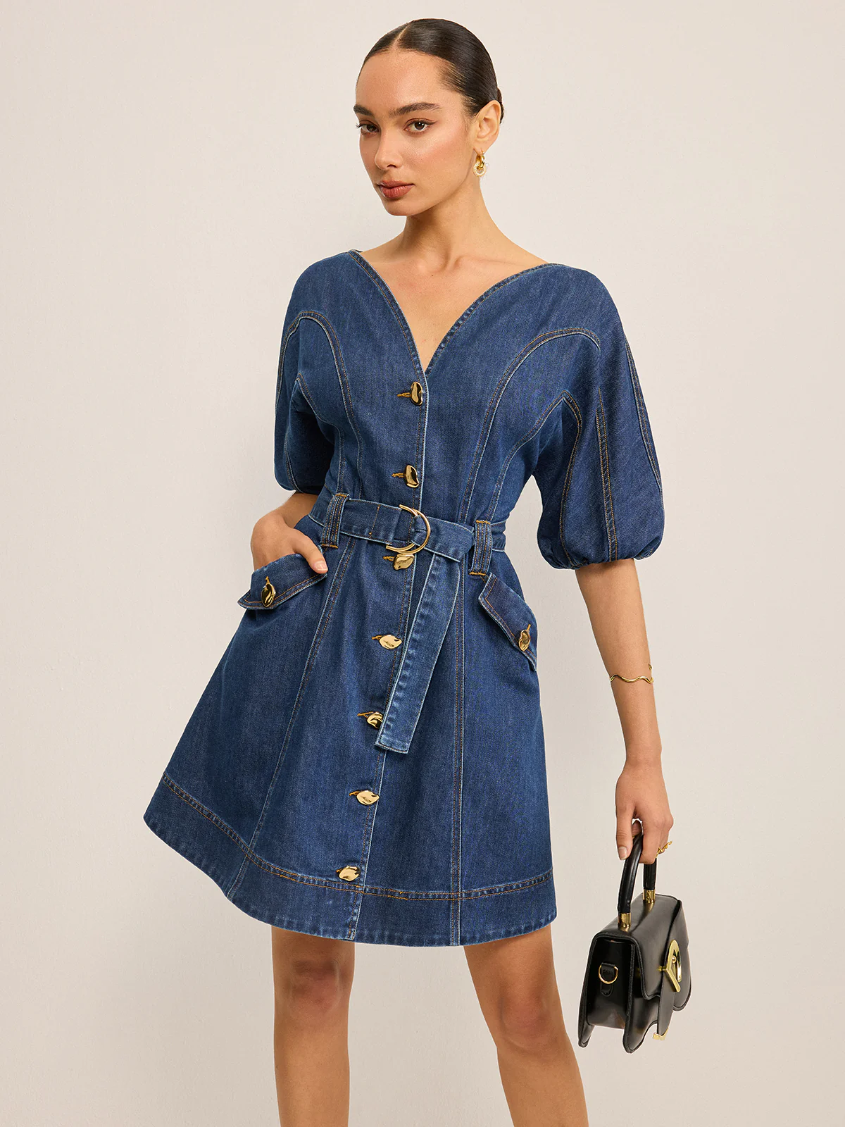 Pocketed Belted Denim Dress - Wholesalesil