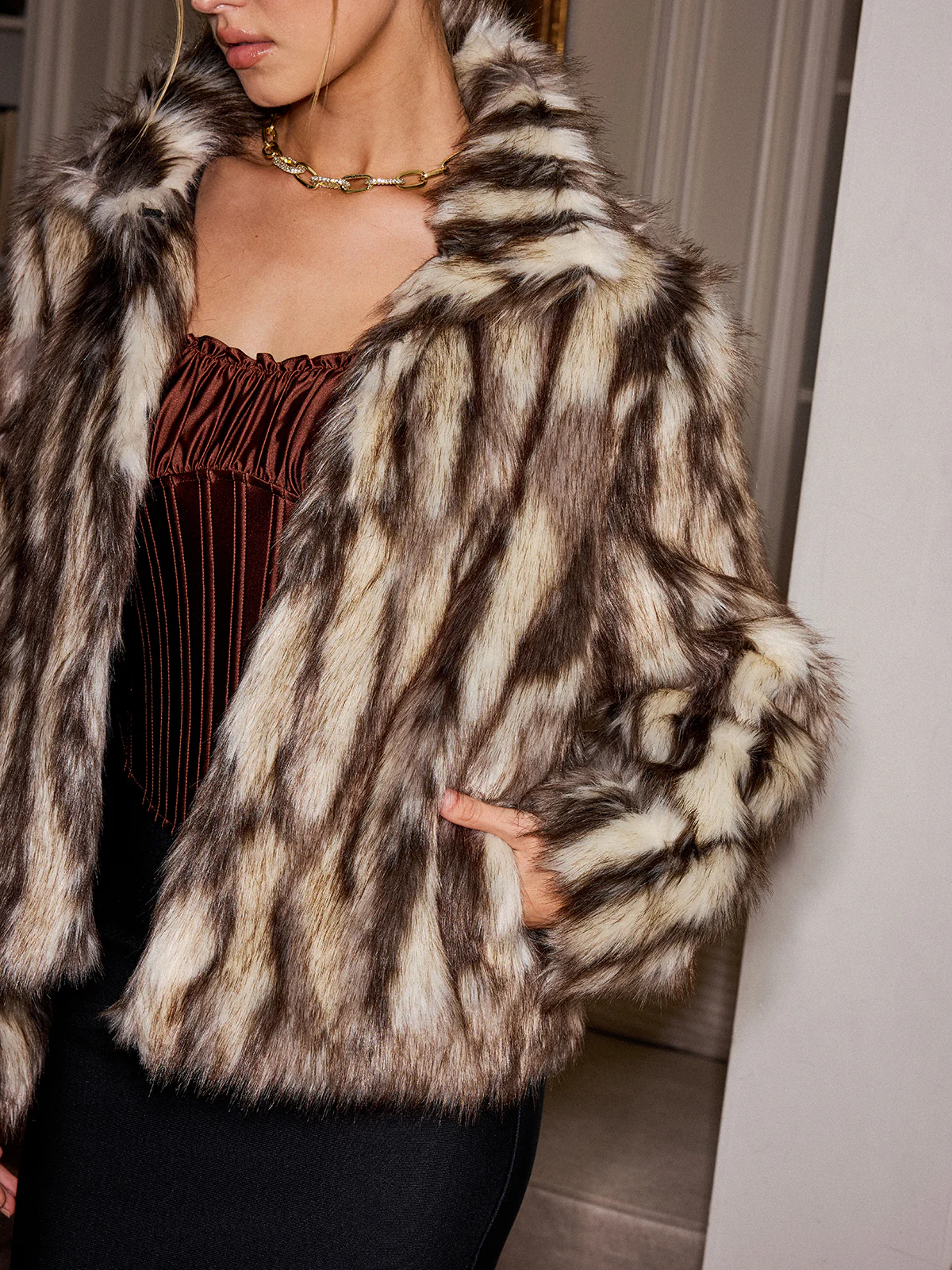 Animal Print Faux Fur Collared Jacket - Wholesalesil