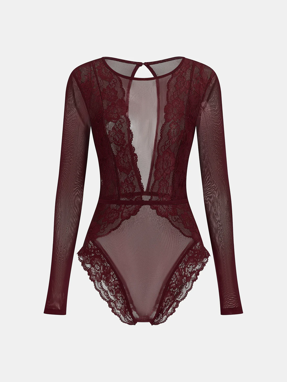 Long Sleeve Sheer Lace Mesh Bodysuit - Wholesalesil