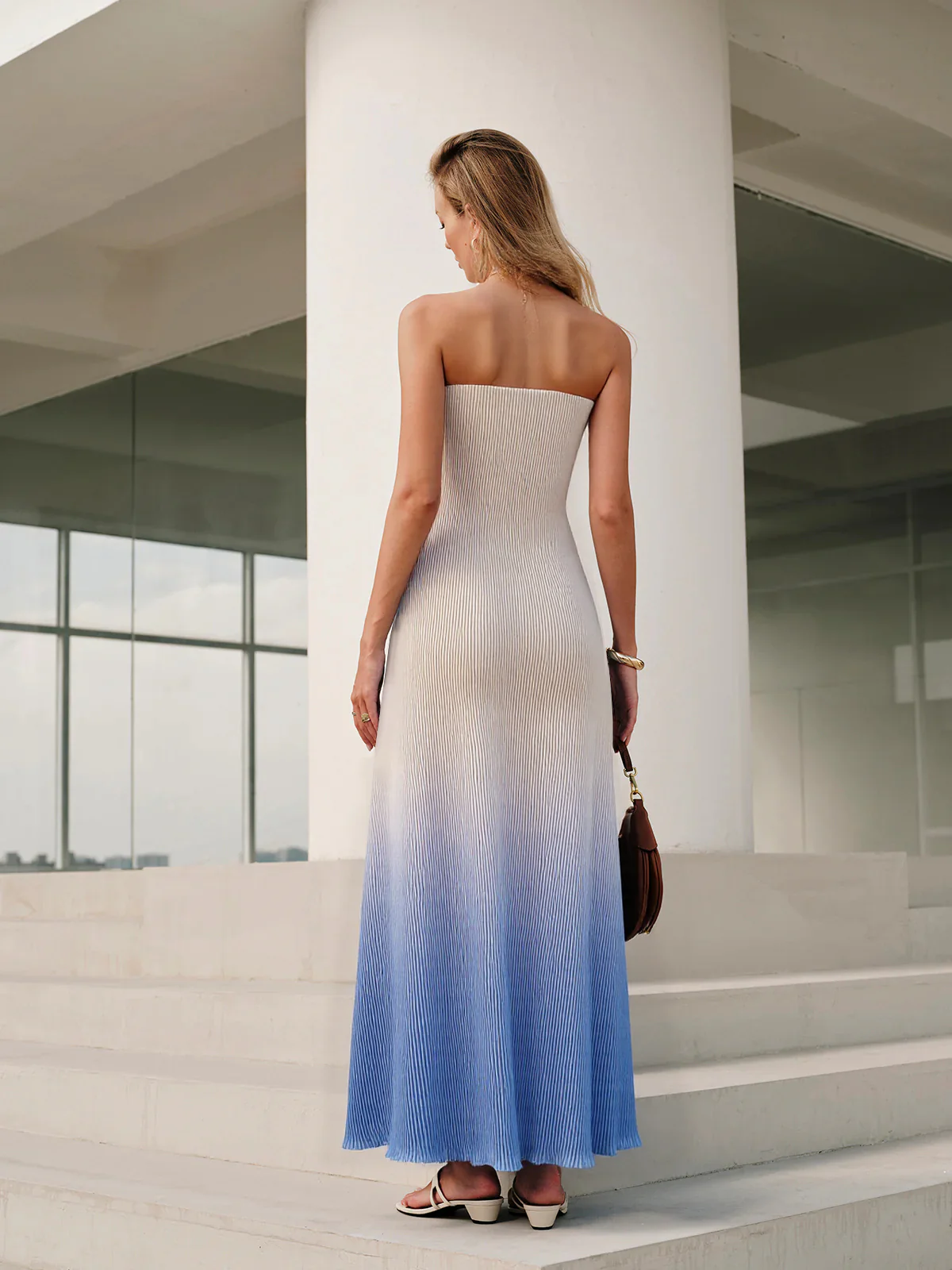 Floral Print Gradient Strapless Pleated Maxi Dress - Wholesalesil