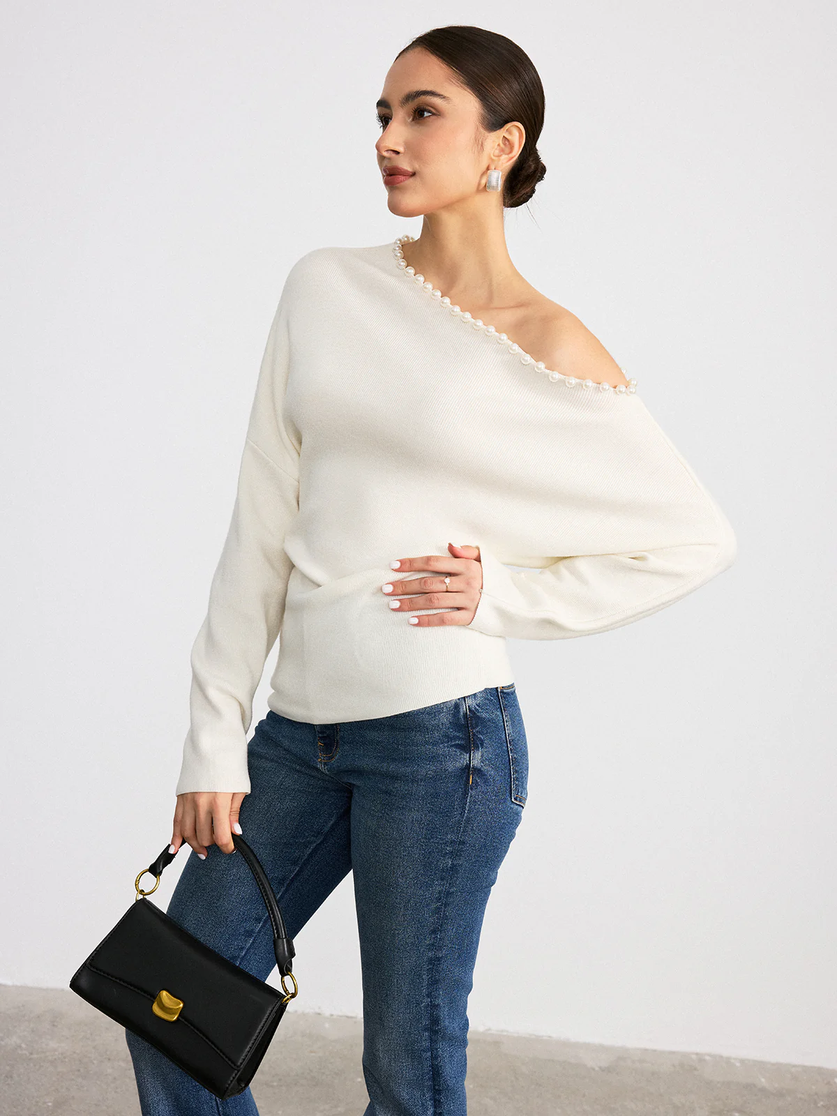 Off-Shoulder Pearl Embellished Wool Blend Sweater - Wholesalesil