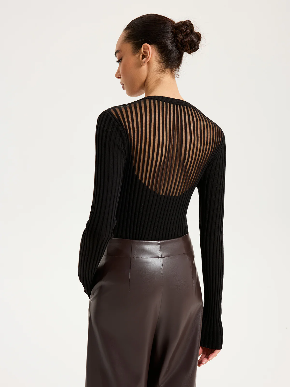 Sheer Panel Ribbed Knit Top - Wholesalesil