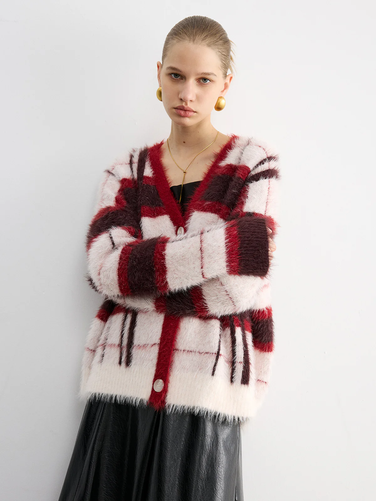 Knit Fluffy Checkered Cardigan - Wholesalesil