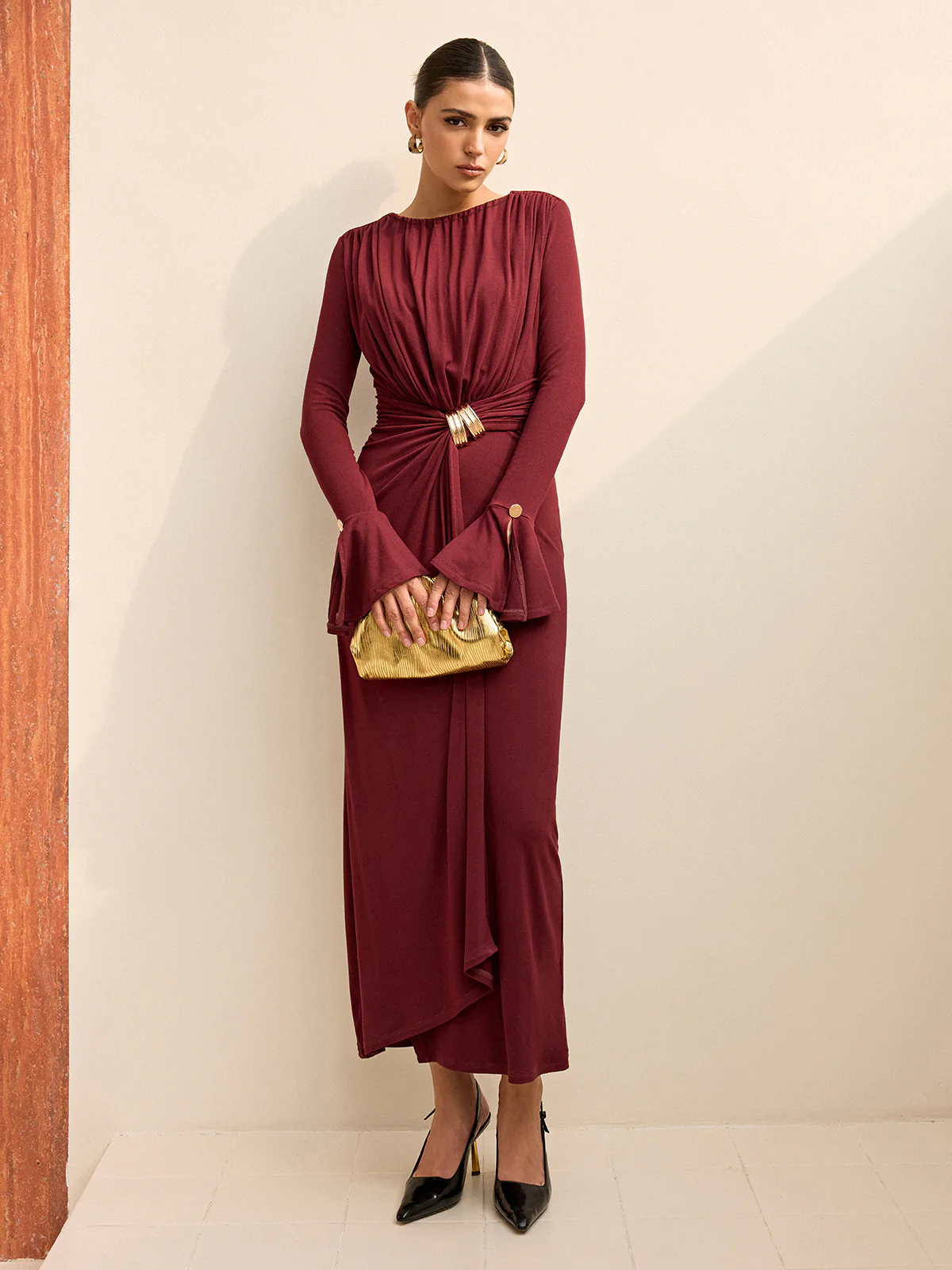 Long-Sleeve Draped Maxi Dress - Wholesalesil