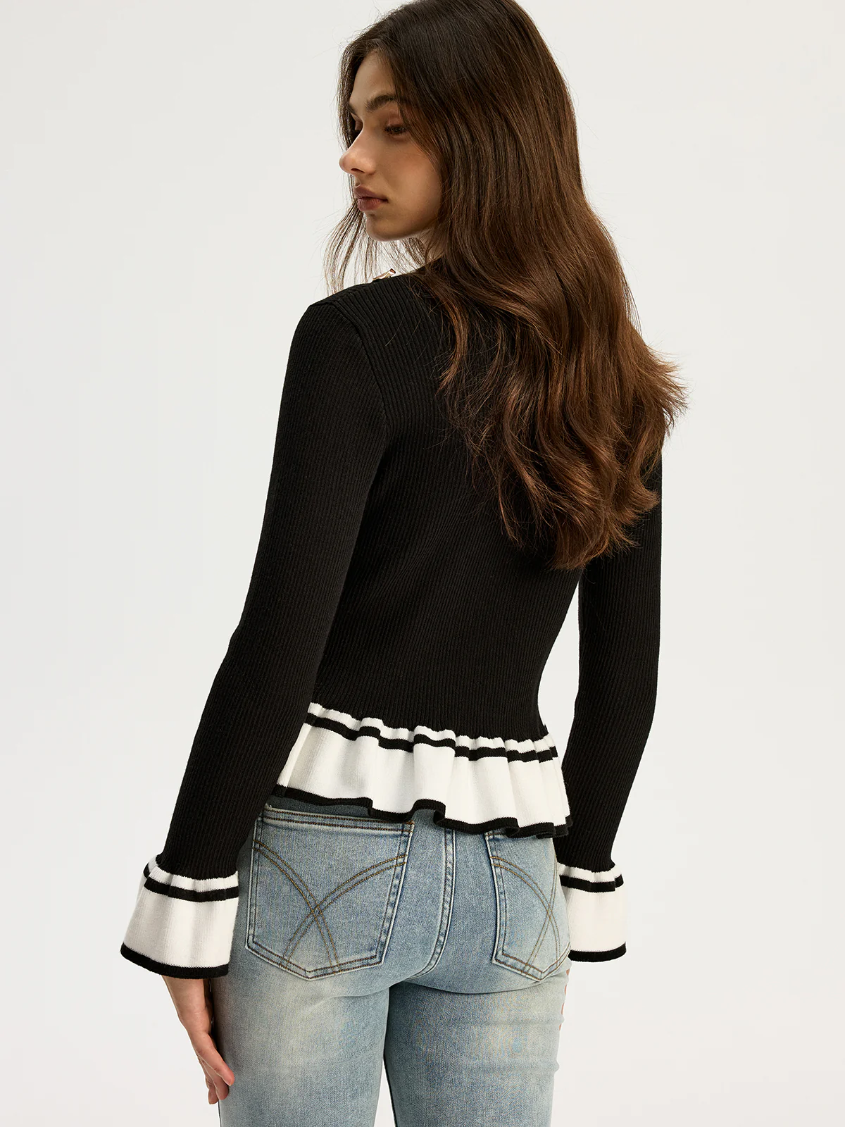 Contrast Ruffled Hem Sweater - Wholesalesil