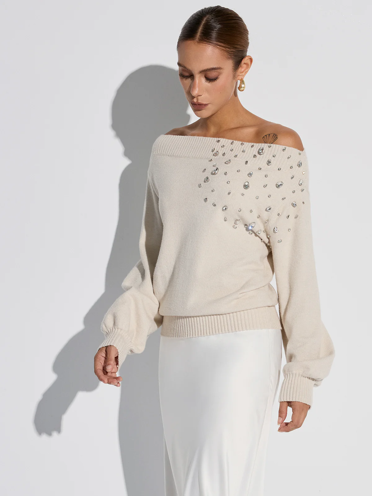 Rhinestone-Embellished Off-Shoulder Sweater - Wholesalesil