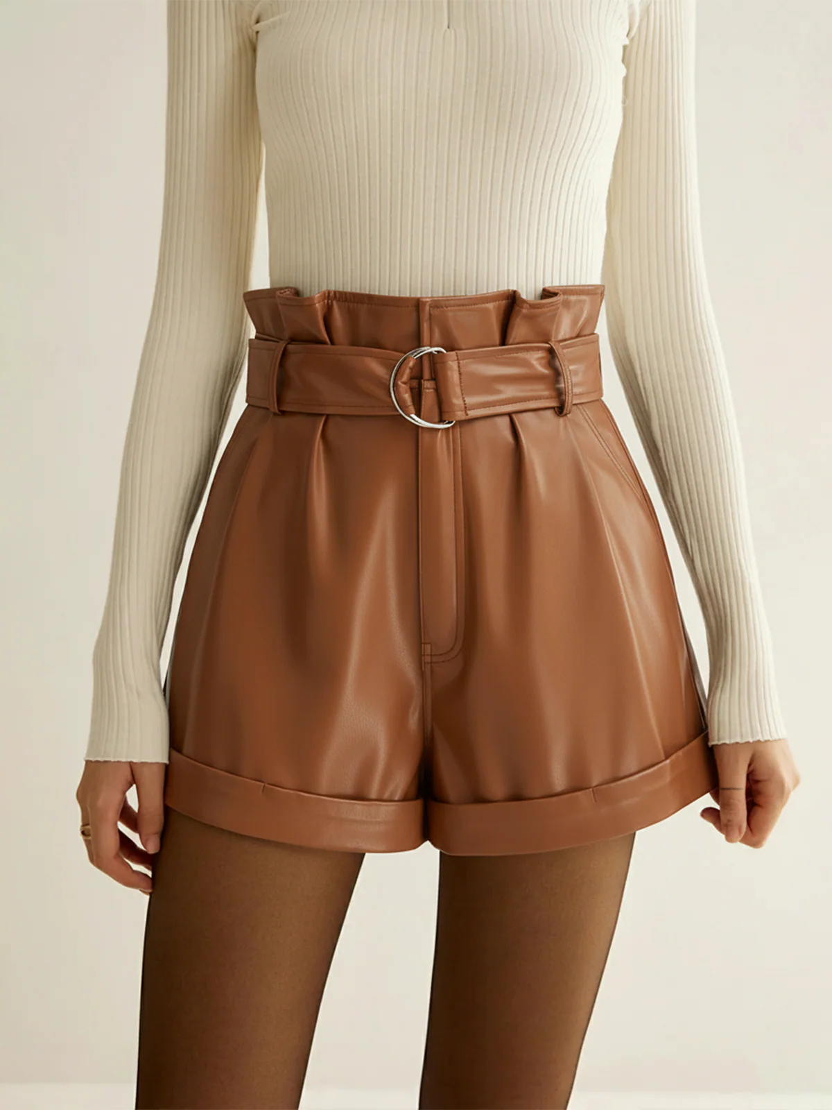 High-Waist PU Leather Cuffed Shorts with Belt - Wholesalesil