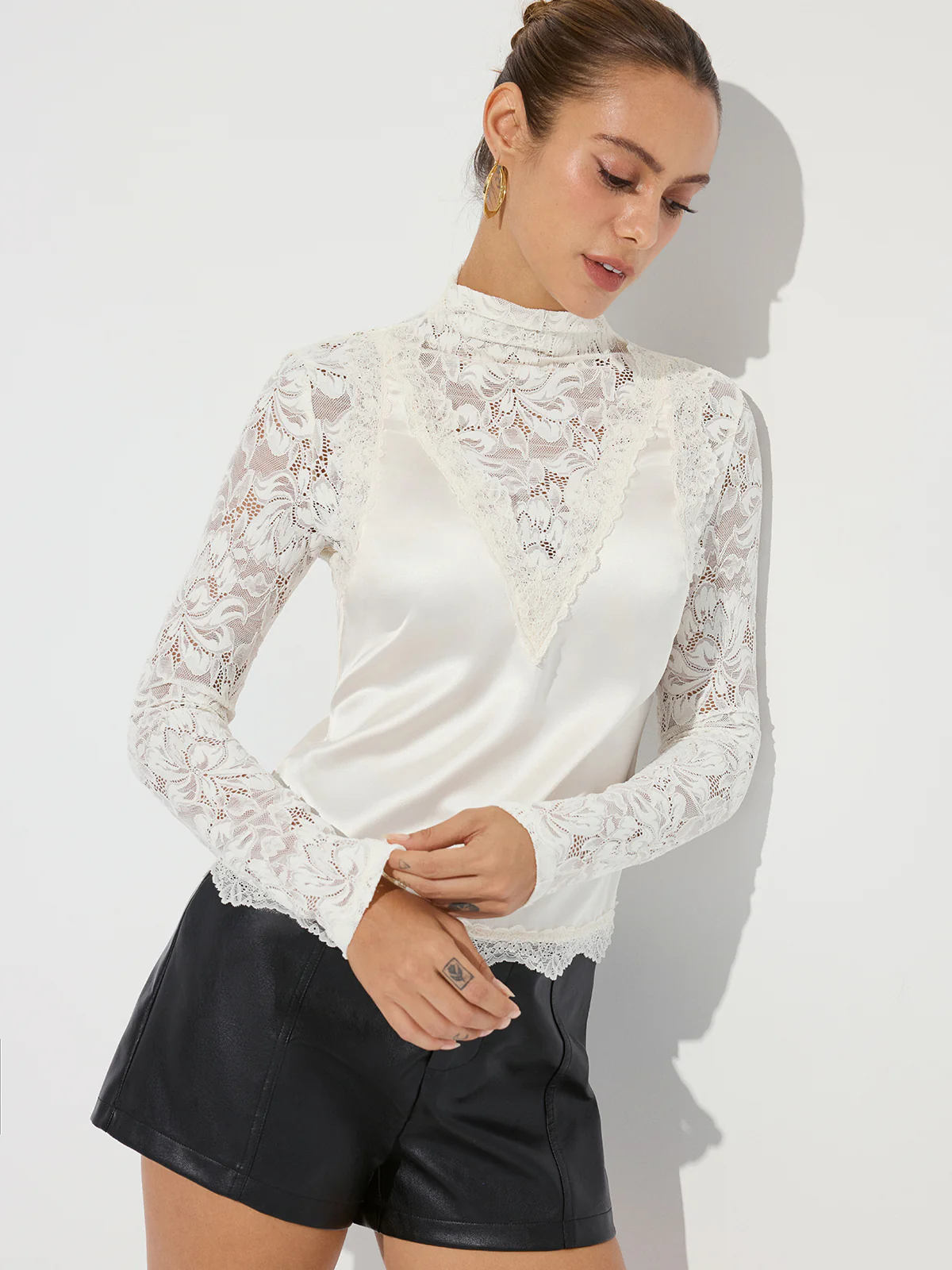 Mock Neck Lace Paneled Satin Blouse - Wholesalesil
