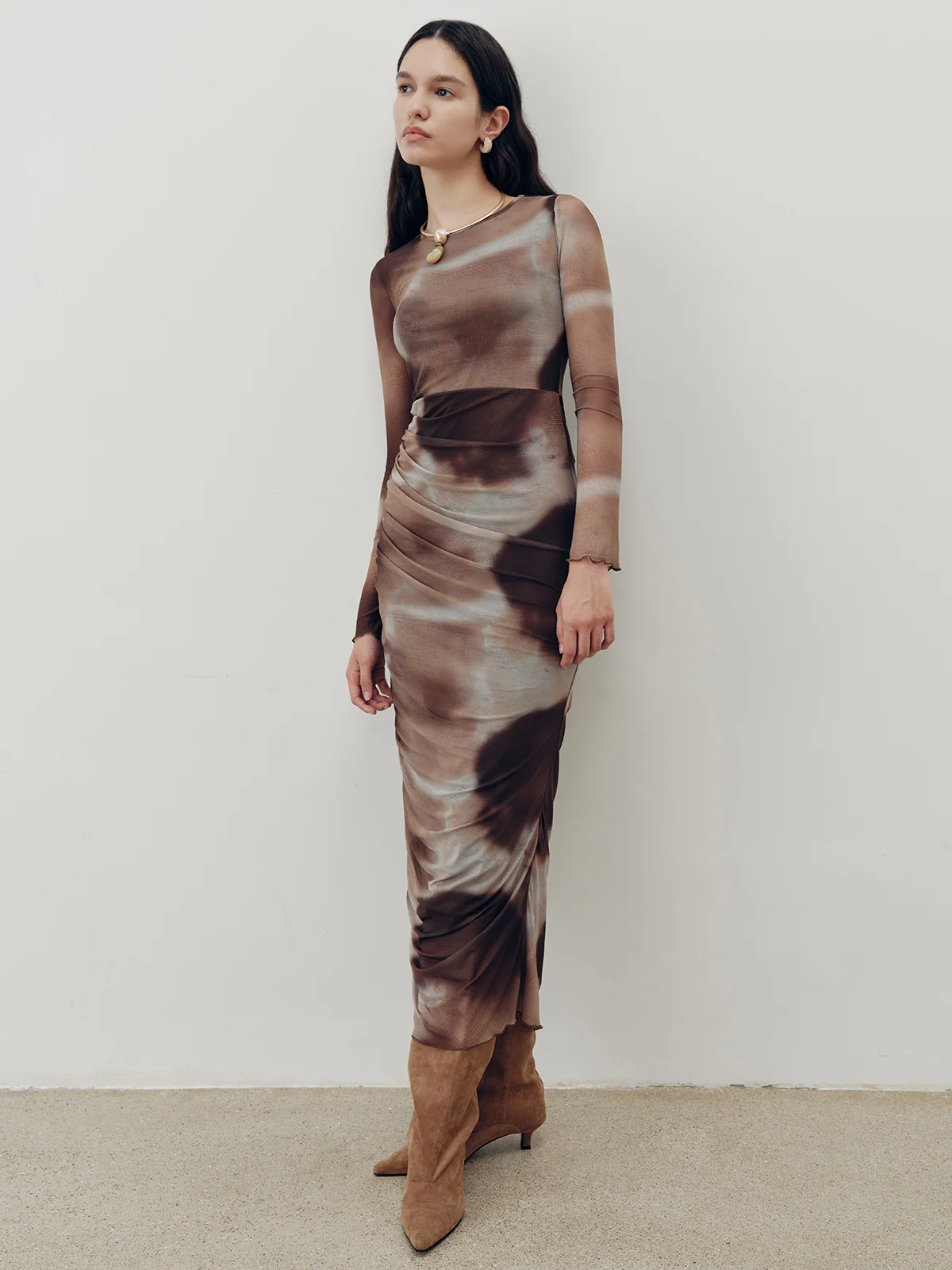 Tie-Dye Ruched Mesh Maxi Dress - Wholesalesil