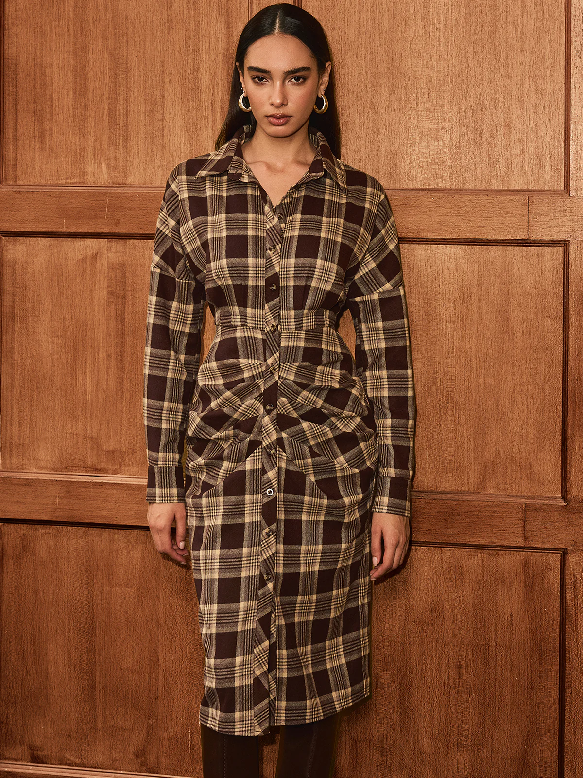 Ruched Button-Front Plaid Shirt Dress - Wholesalesil