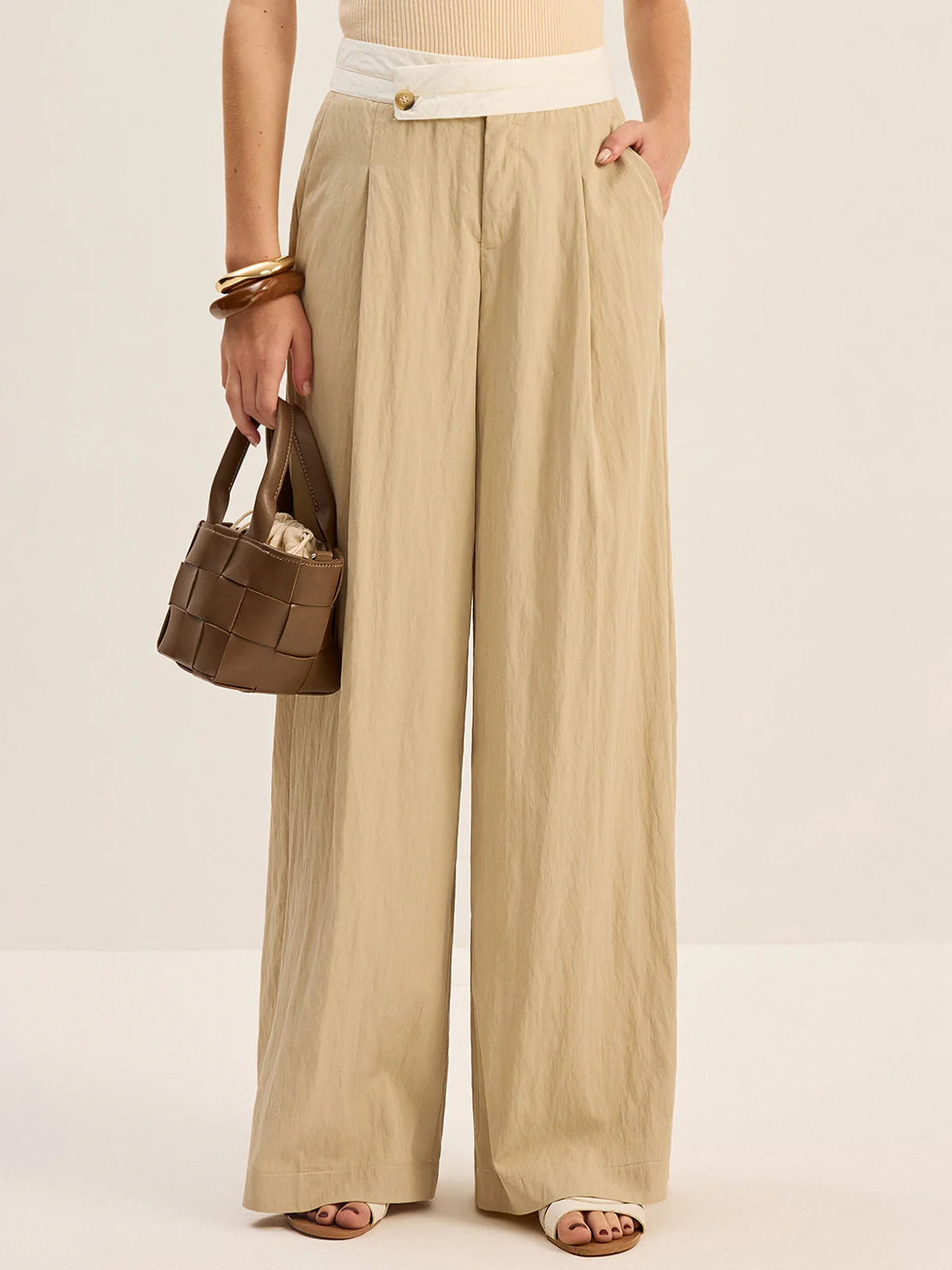 Contrast Waistband Wide-Leg Pants - Wholesalesil