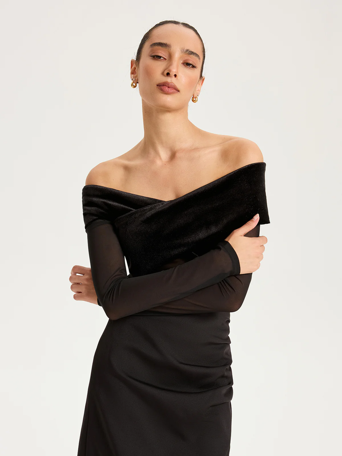 Mesh Paneled Velvet Off-Shoulder Long Sleeve Top - Wholesalesil