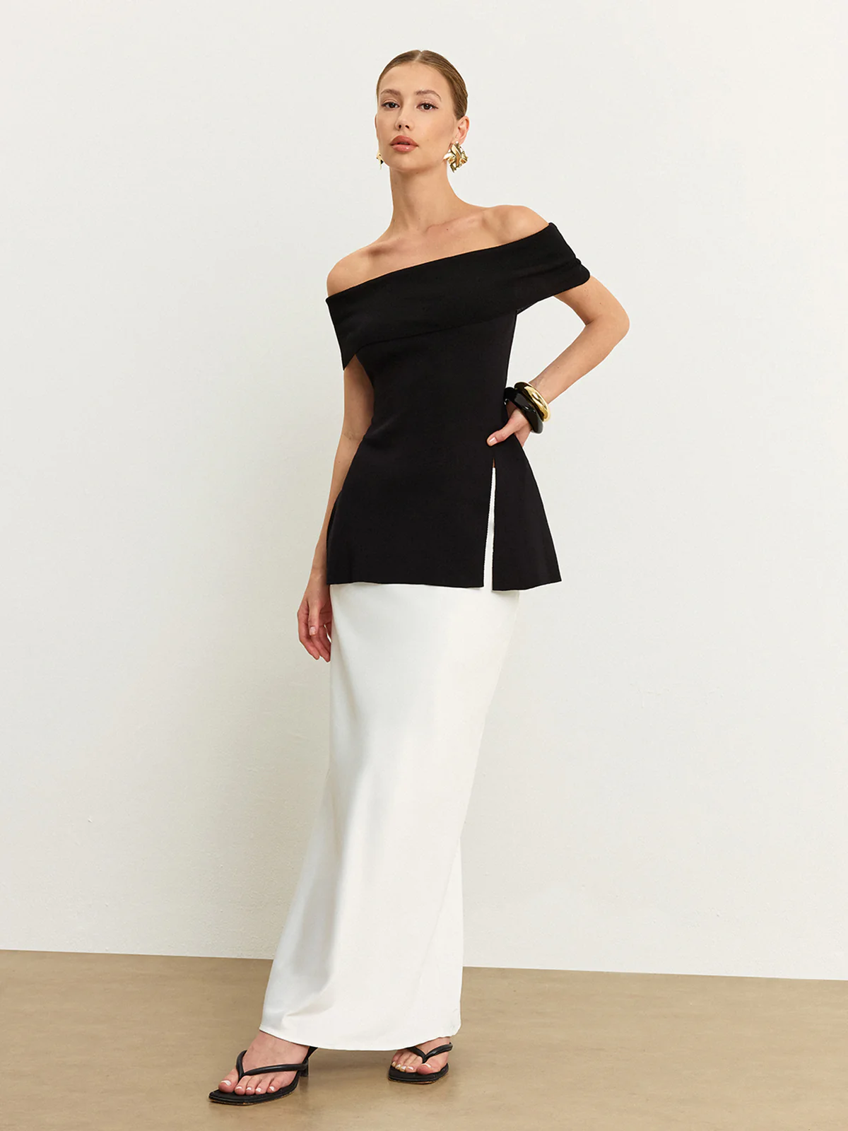 Off-Shoulder Knit Top with Slit - Wholesalesil